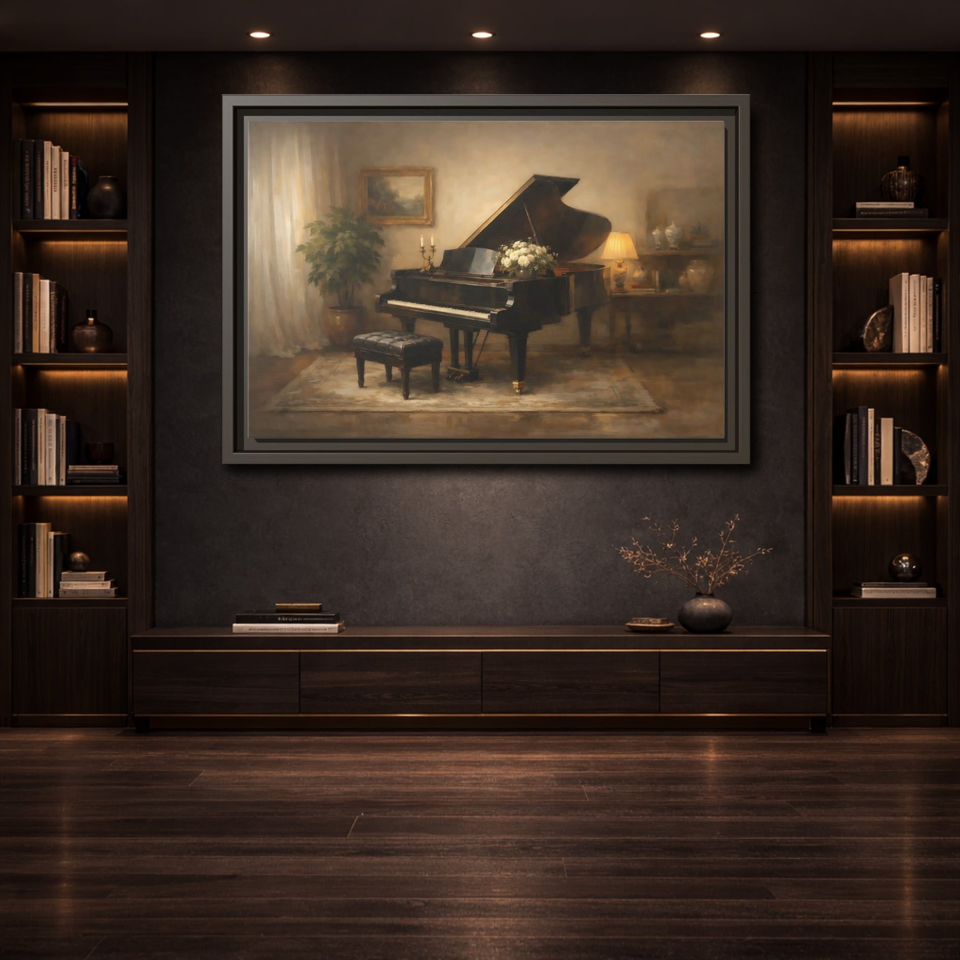 Mockup 3. Vintage Grand Piano Warm Tones shown as stretched canvas wall art