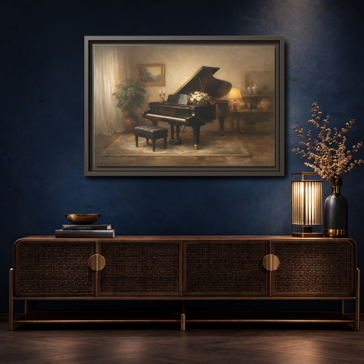 Mockup 4. Vintage Grand Piano Warm Tones shown as stretched canvas wall art