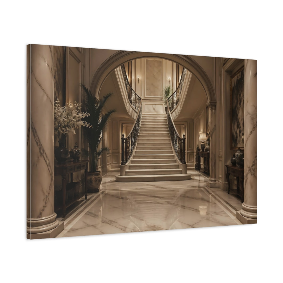 Main Mockup. Vintage Grand Staircase Elegant Interior shown as stretched canvas wall art