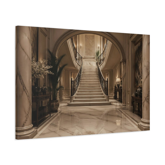 Main Mockup. Vintage Grand Staircase Elegant Interior shown as stretched canvas wall art
