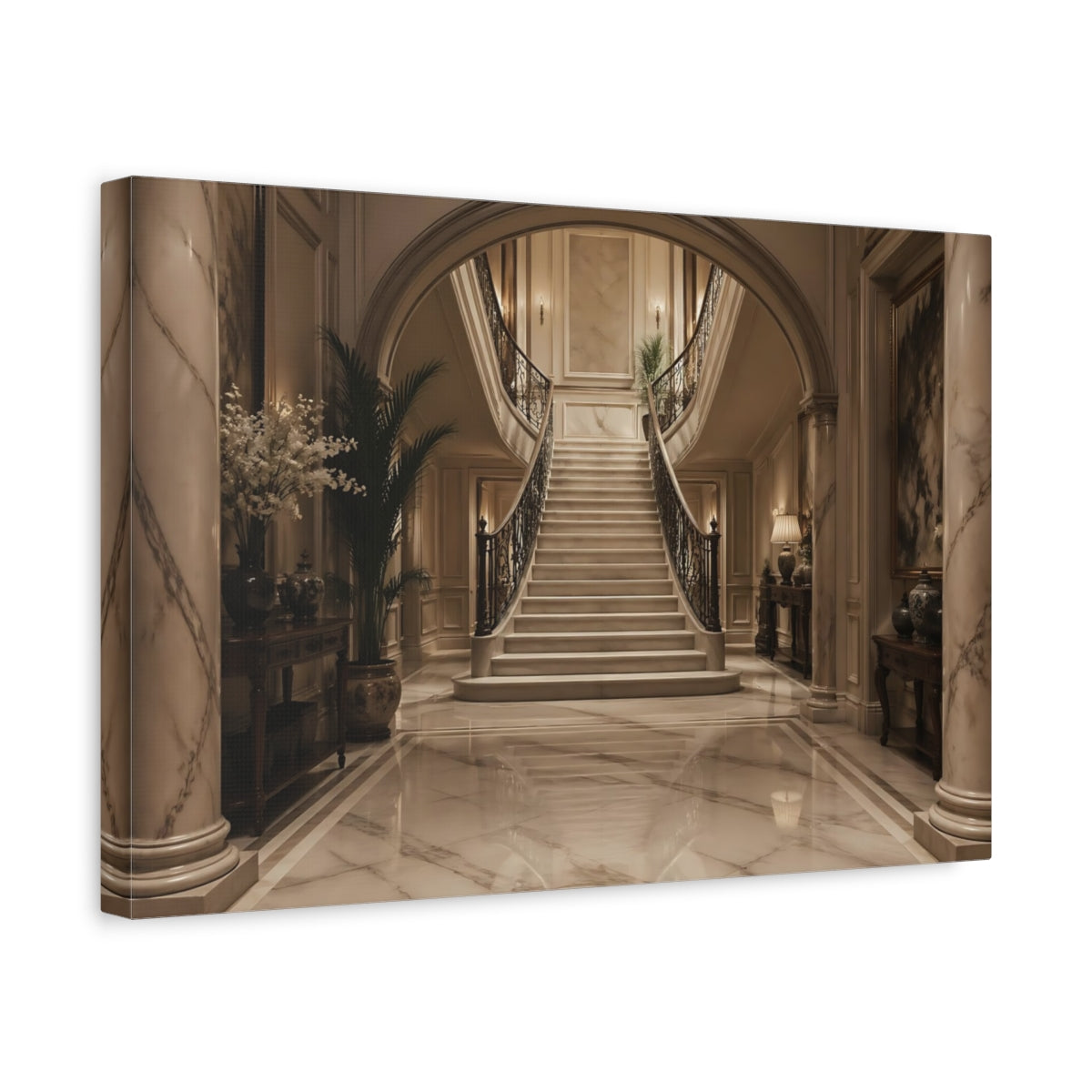 Side Mockup 4. Vintage Grand Staircase Elegant Interior shown as stretched canvas wall art