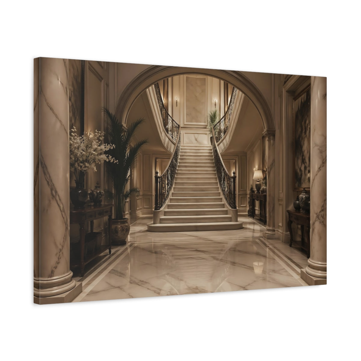 Side Mockup 2. Vintage Grand Staircase Elegant Interior shown as stretched canvas wall art