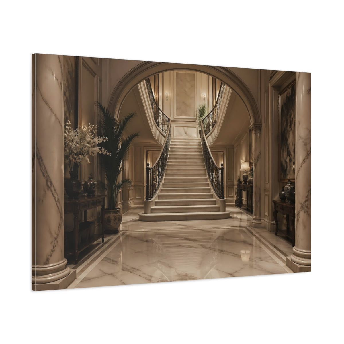 Side Mockup 1. Vintage Grand Staircase Elegant Interior shown as stretched canvas wall art
