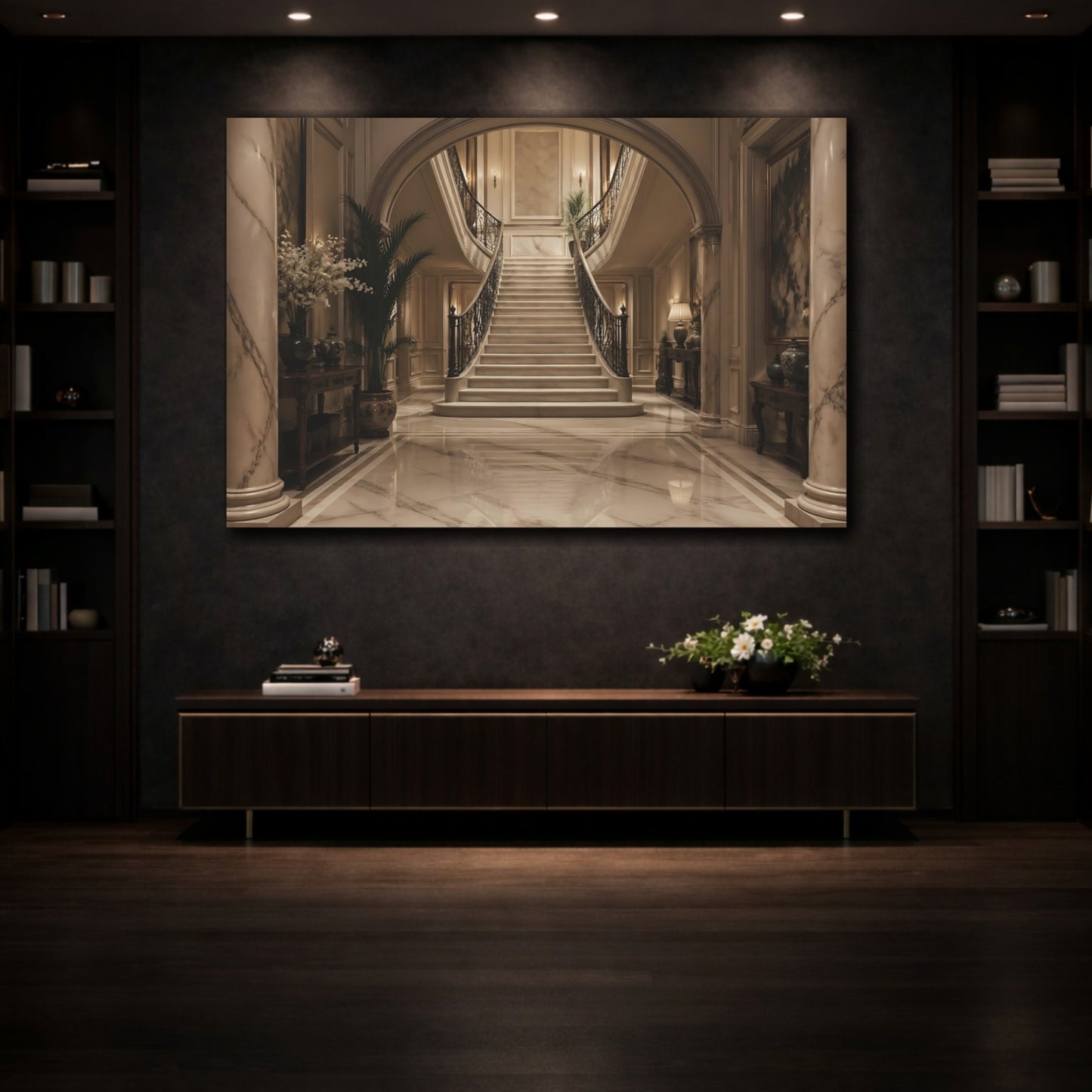 Mockup 3. Vintage Grand Staircase Elegant Interior shown as stretched canvas wall art