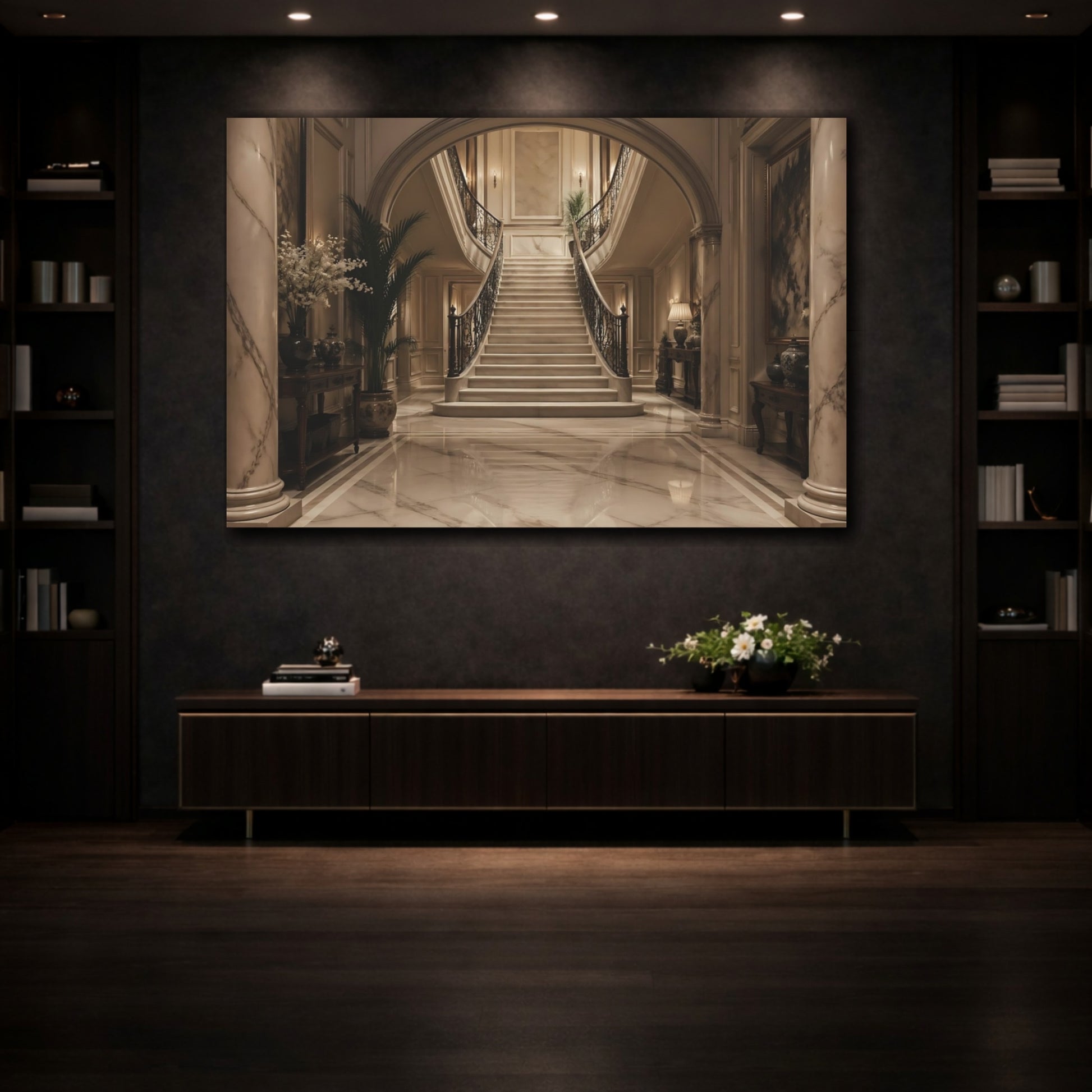 Mockup 3. Vintage Grand Staircase Elegant Interior shown as stretched canvas wall art
