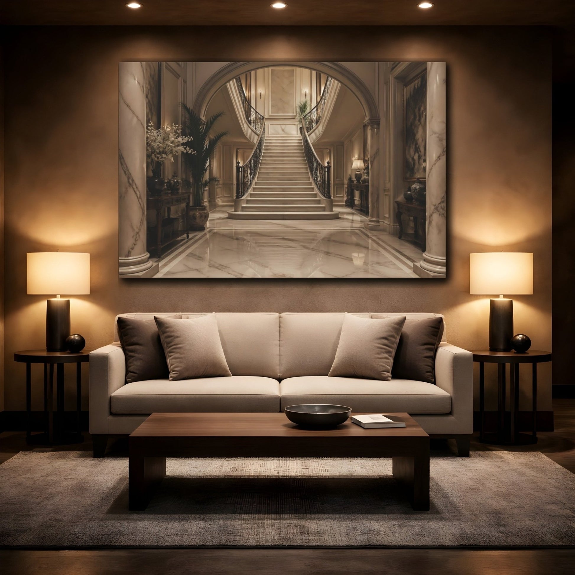 Vintage Grand Staircase Marble Canvas Wall Art Print – Luxury Living Room, Above Couch - YesArtYes