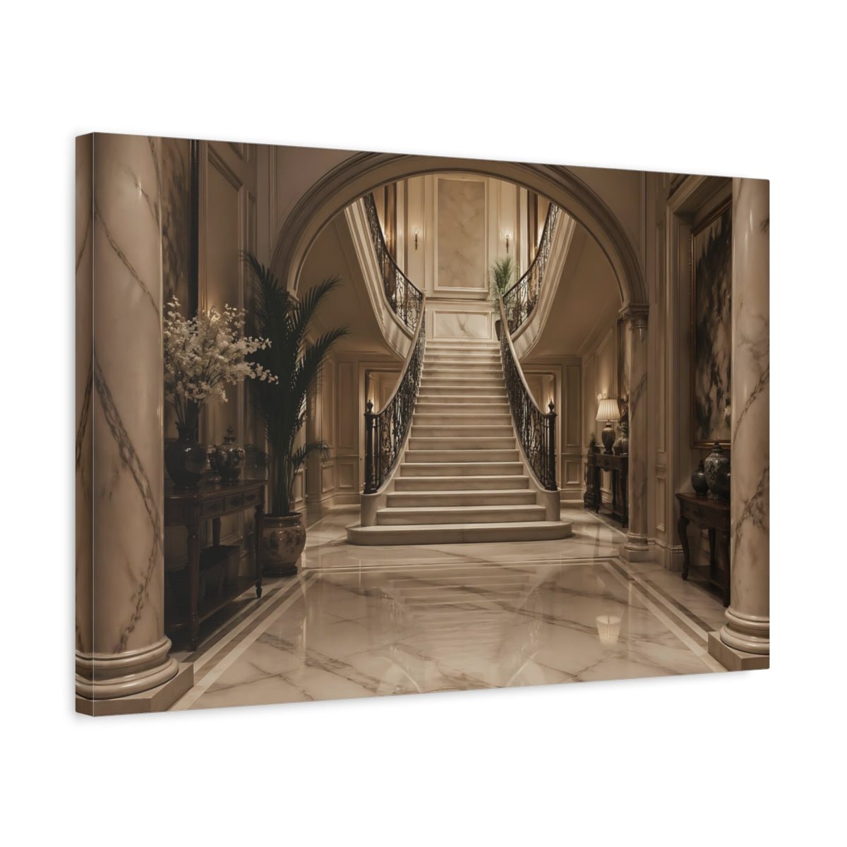 Vintage Grand Staircase Marble Canvas Wall Art Print – Luxury Living Room, Above Couch - YesArtYes