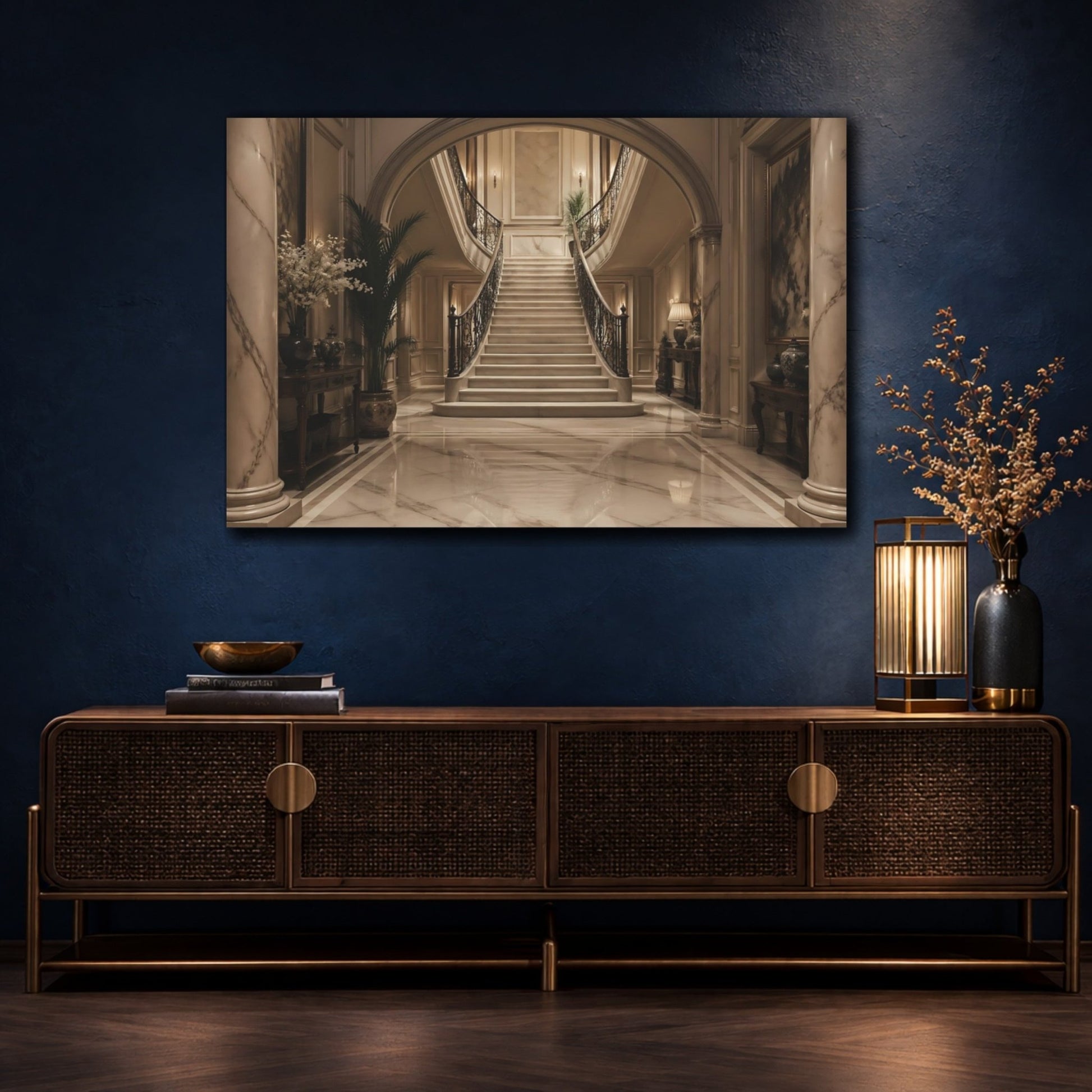Vintage Grand Staircase Marble Canvas Wall Art Print – Luxury Living Room, Above Couch - YesArtYes