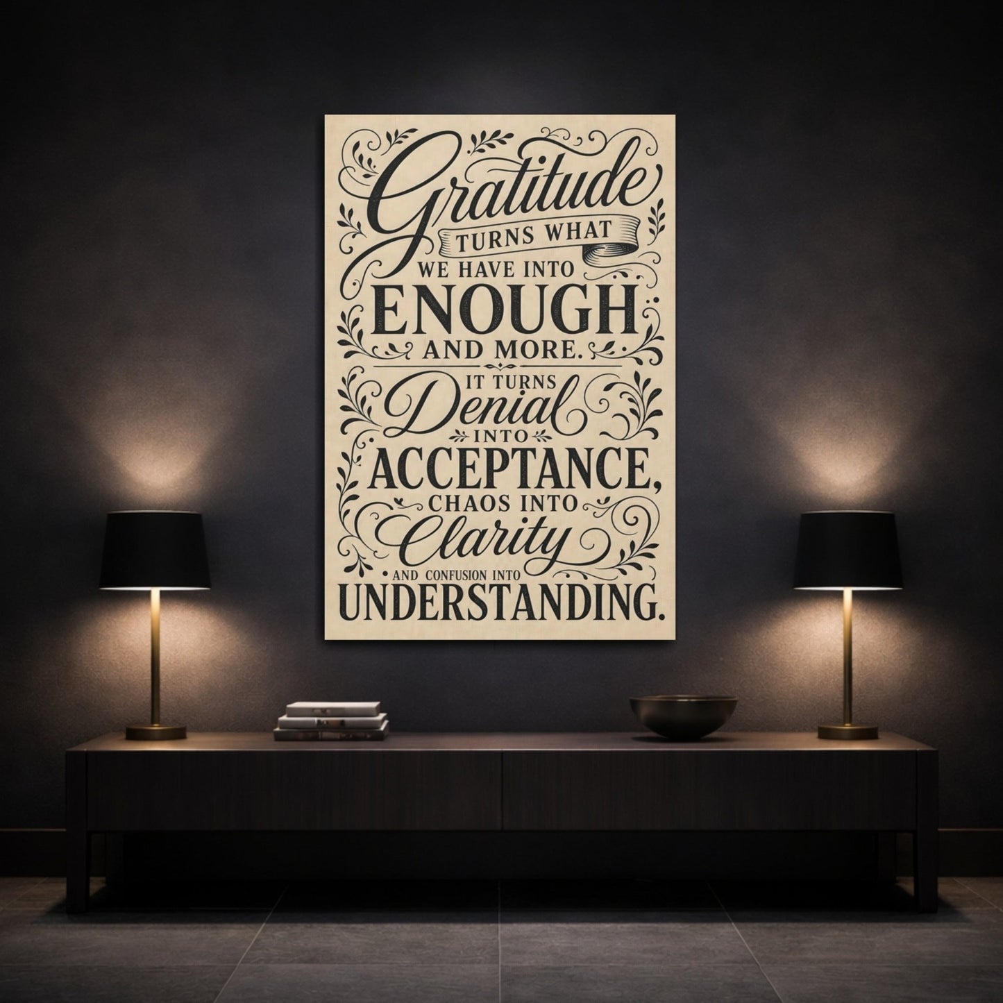 Vintage Gratitude Quote Black And Beige Canvas Print – Living Room, Above Sofa, - YesArtYes