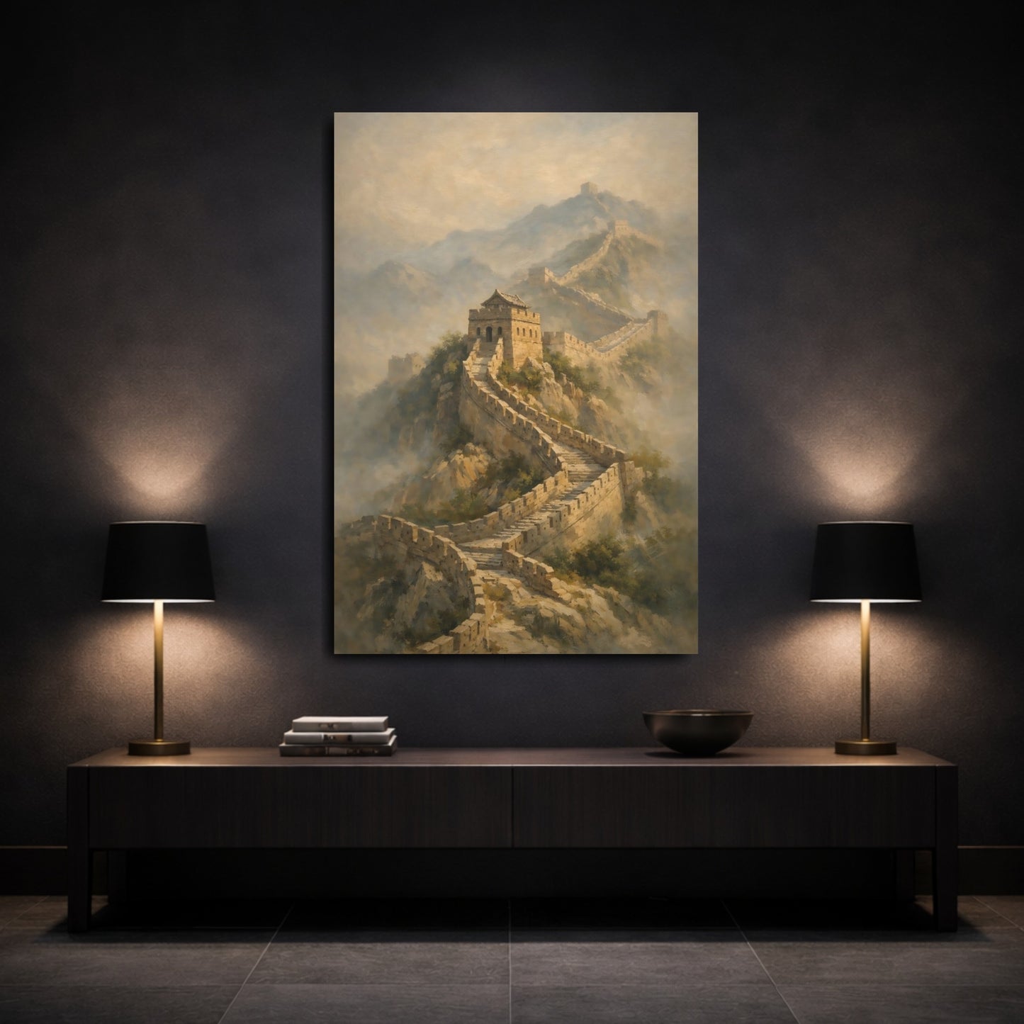Mockup 2. Vintage Great Wall Great Wall Landscape shown as stretched canvas wall art