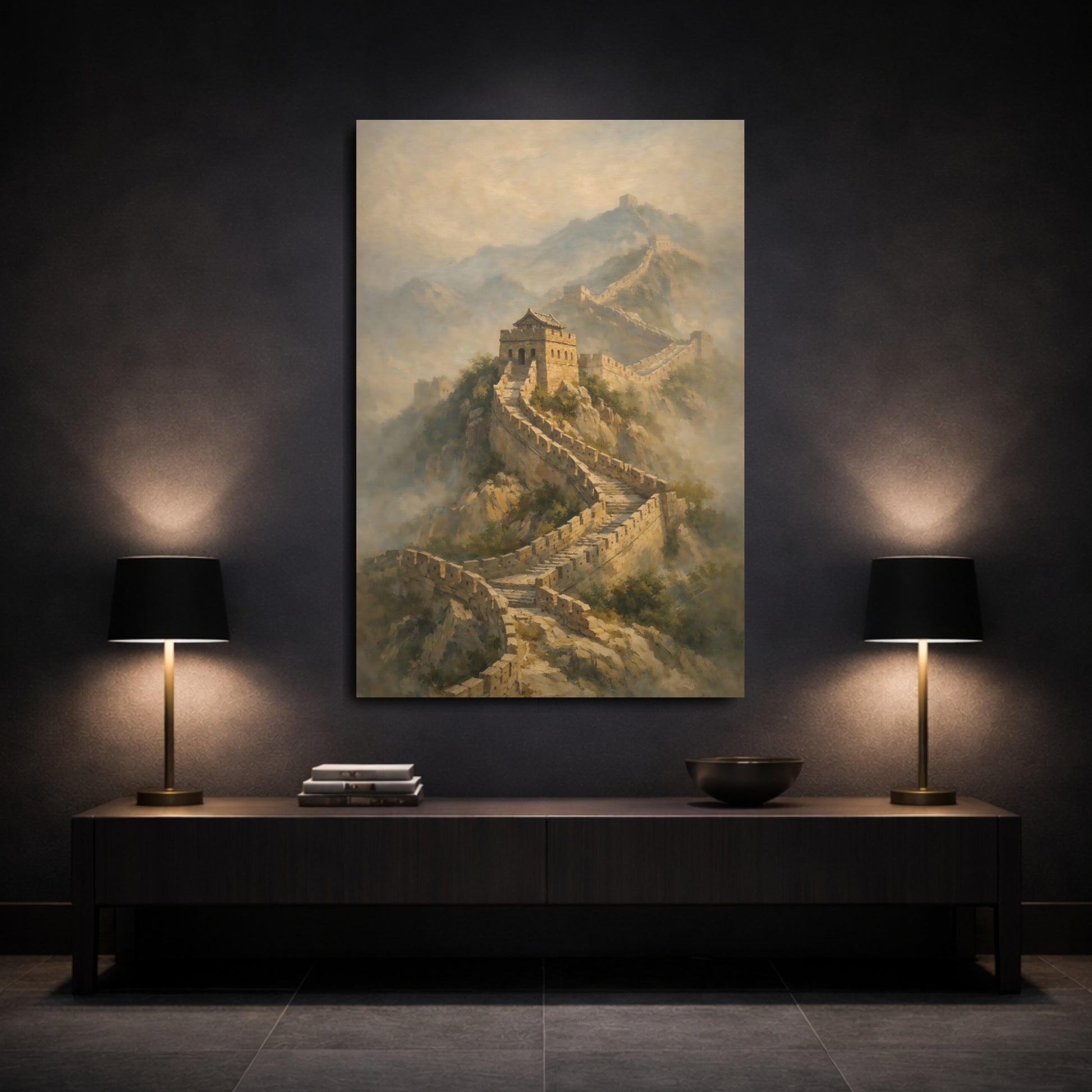 Mockup 2. Vintage Great Wall Great Wall Landscape shown as stretched canvas wall art
