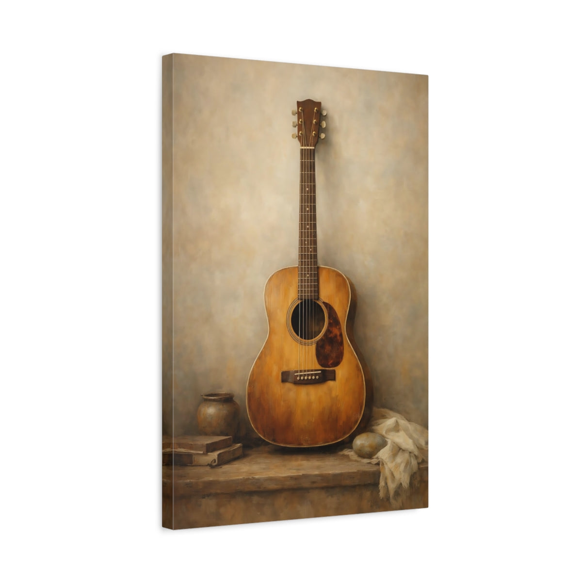 Side Mockup 3. Vintage Guitar Brown And Beige shown as stretched canvas wall art