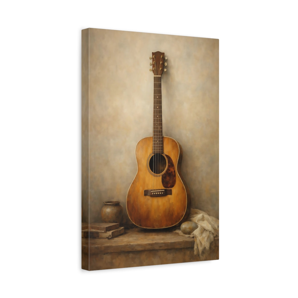 Side Mockup 4. Vintage Guitar Brown And Beige shown as stretched canvas wall art