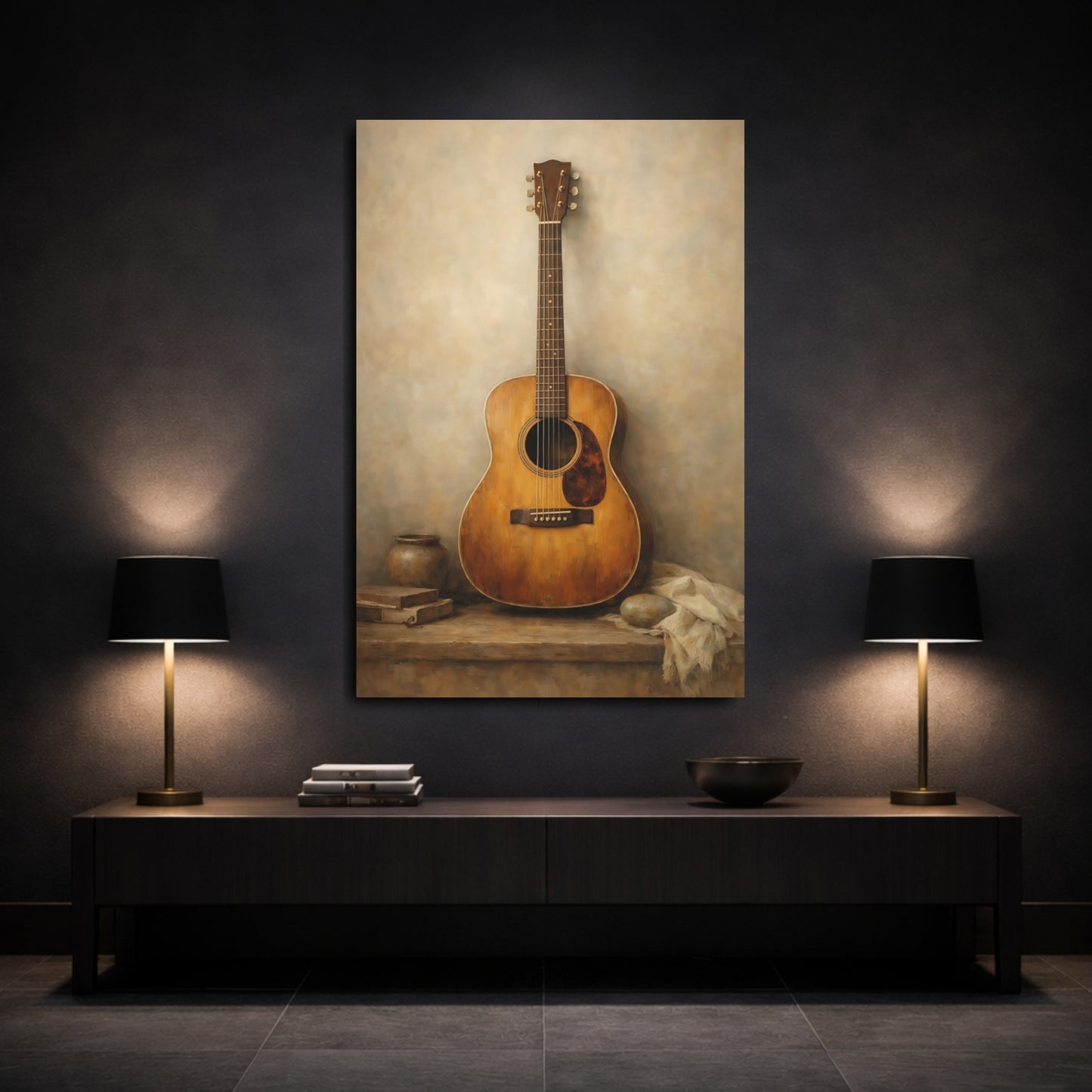 Mockup 2. Vintage Guitar Brown And Beige shown as stretched canvas wall art