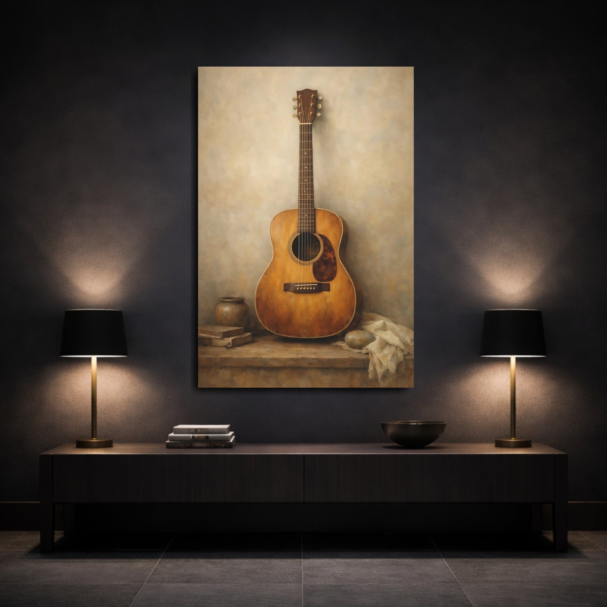 Mockup 2. Vintage Guitar Brown And Beige shown as stretched canvas wall art