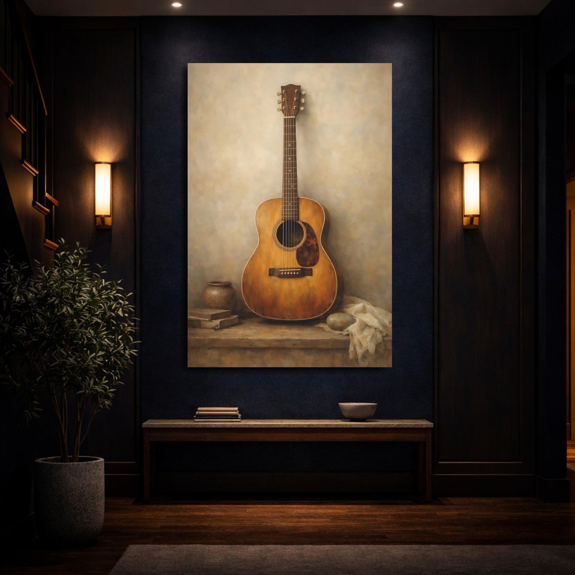 Mockup 3. Vintage Guitar Brown And Beige shown as stretched canvas wall art