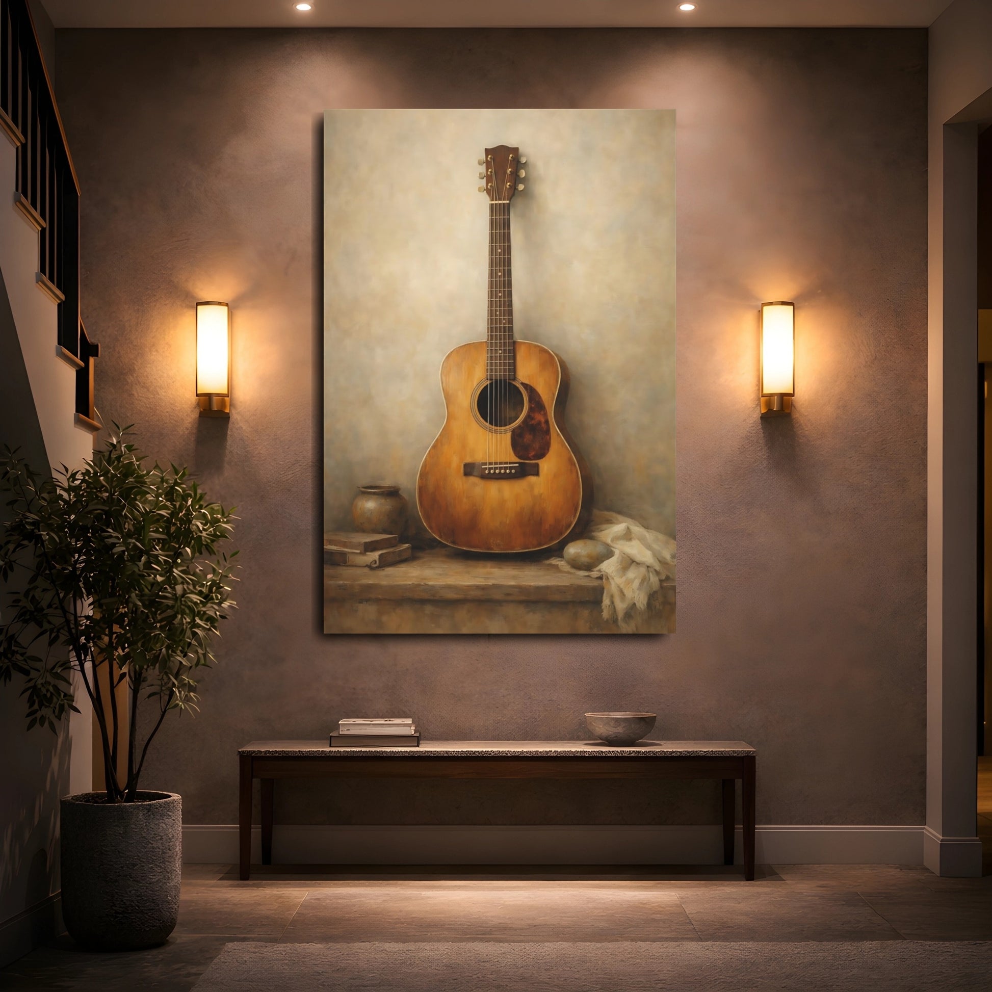 Mockup 4. Vintage Guitar Brown And Beige shown as stretched canvas wall art