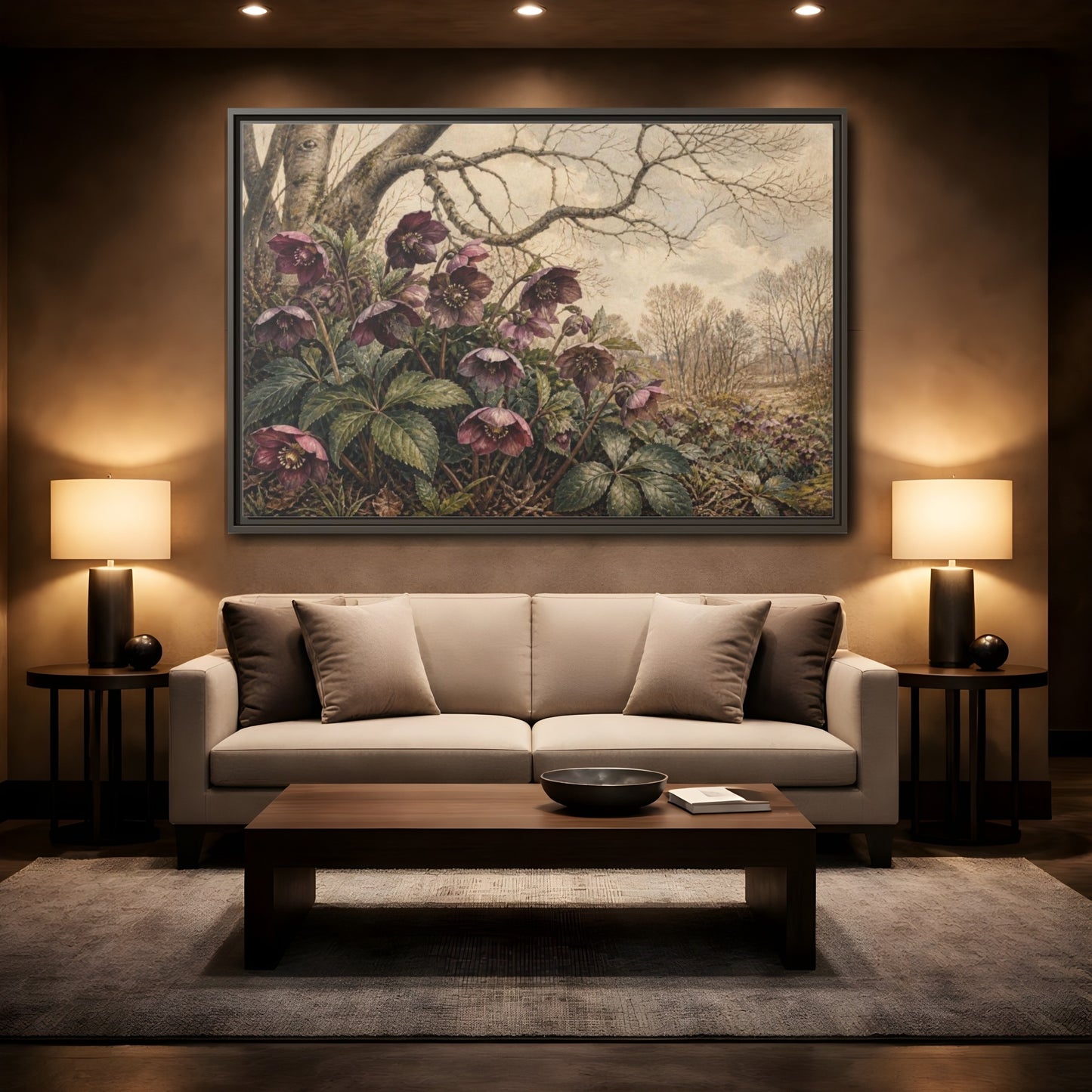 Mockup 2. Vintage Hellebore Study shown as framed canvas print