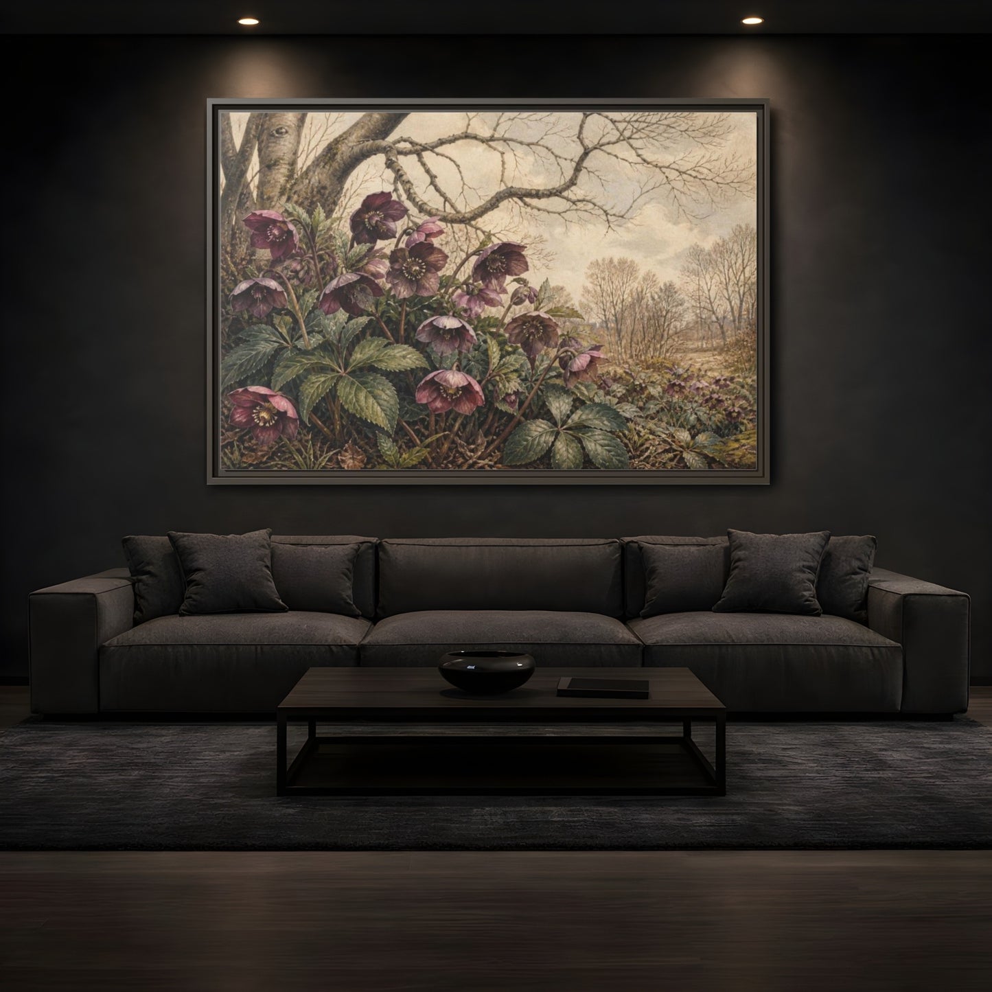 Mockup 3. Vintage Hellebore Study shown as framed canvas print