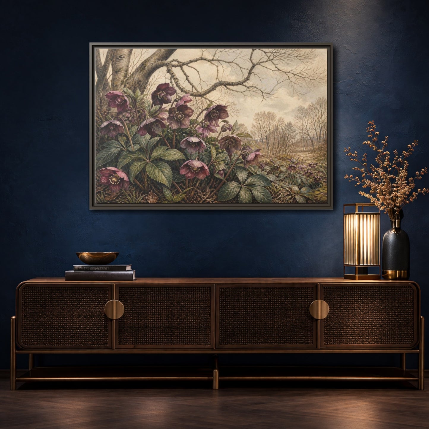 Mockup 4. Vintage Hellebore Study shown as framed canvas print