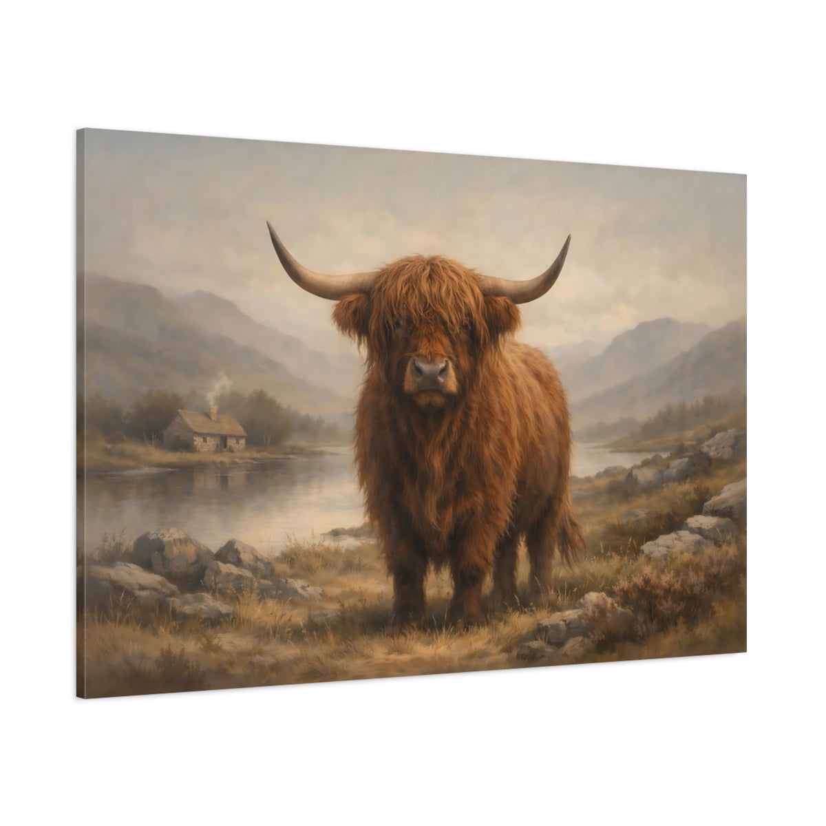 Vintage Highland Cow shown as stretched canvas wall art