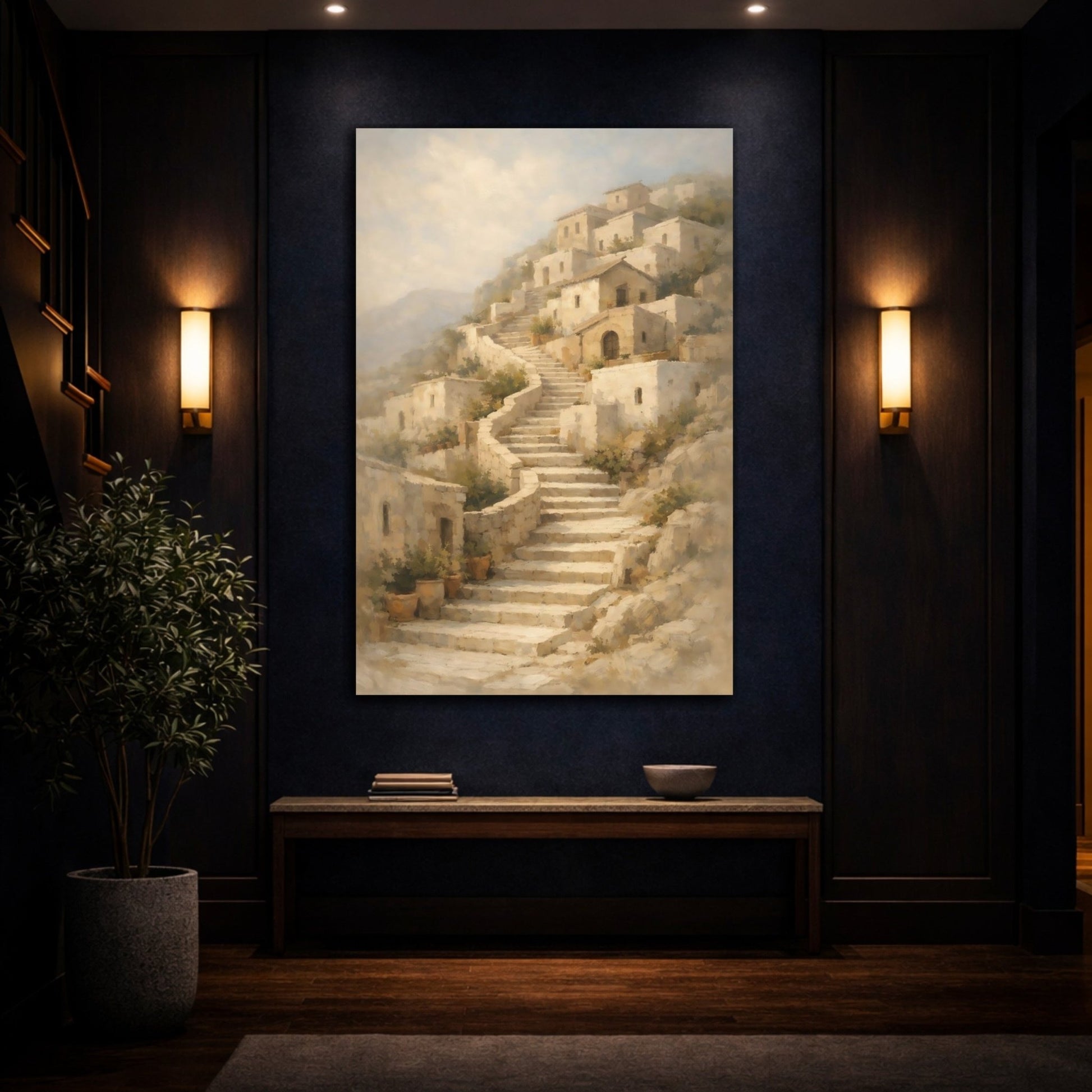 Vintage Hillside Village Neutral - Canvas Wall Art Print - YesArtYes