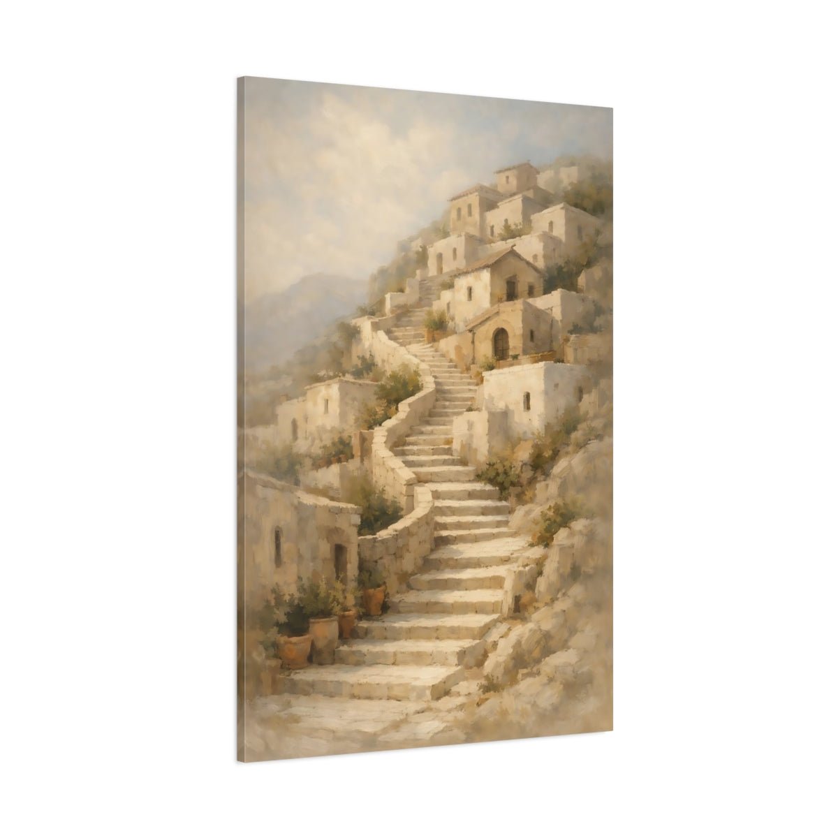 Vintage Hillside Village Neutral - Canvas Wall Art Print - YesArtYes