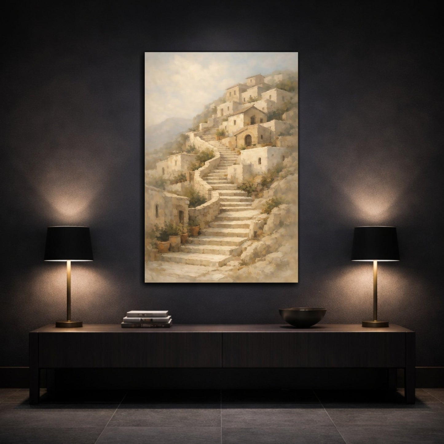 Vintage Hillside Village Neutral - Canvas Wall Art Print - YesArtYes