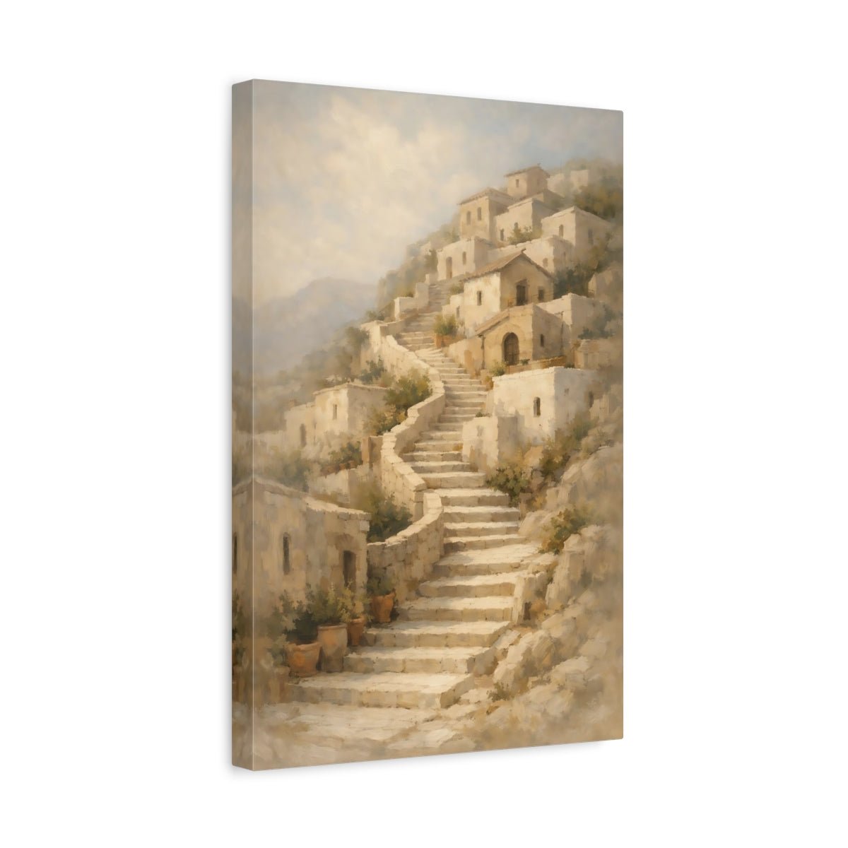 Vintage Hillside Village Neutral - Canvas Wall Art Print - YesArtYes
