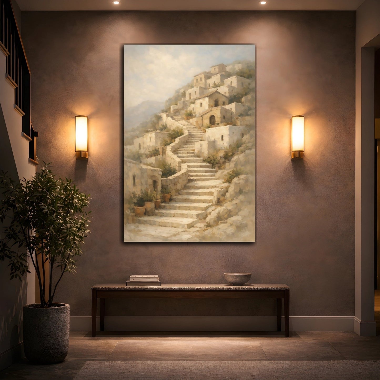 Vintage Hillside Village Neutral - Canvas Wall Art Print - YesArtYes