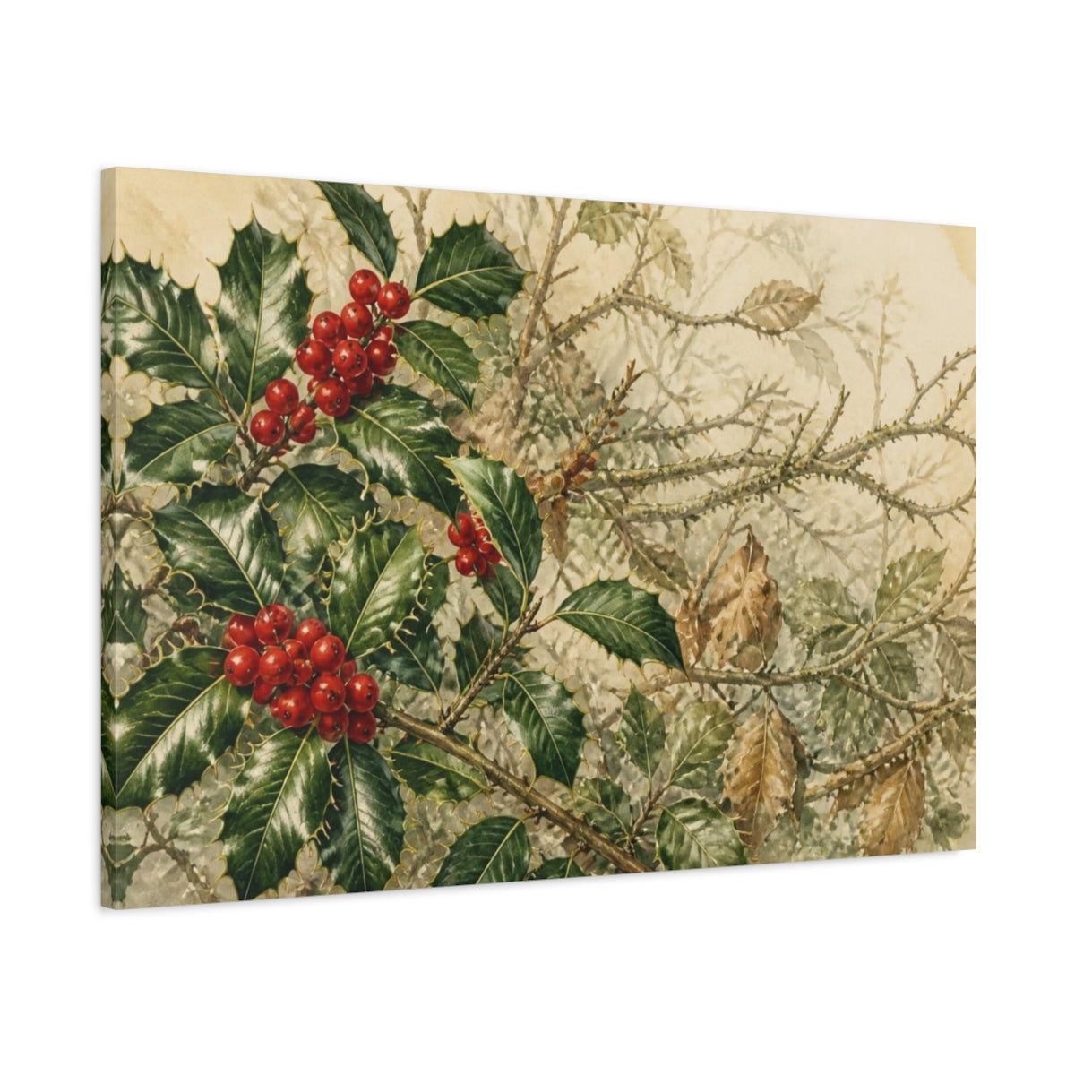 Main Mockup. Vintage Holly Berries shown as canvas print