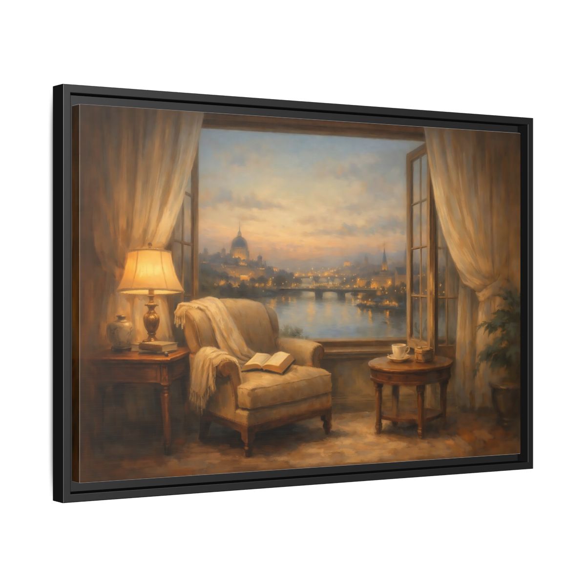 Side Mockup 14. Vintage City View Warm City Evening shown as stretched canvas wall art