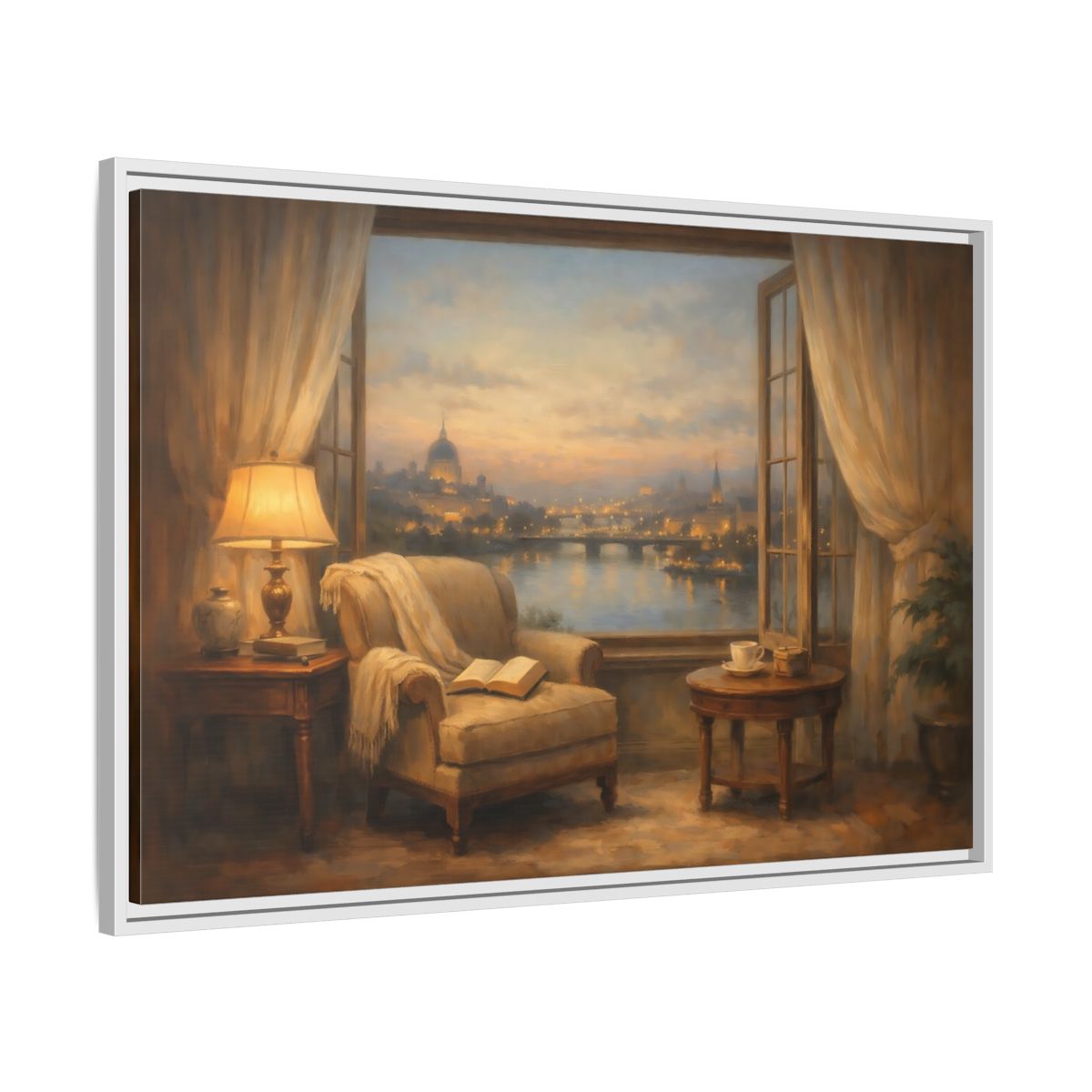 Side Mockup 8. Vintage City View Warm City Evening shown as stretched canvas wall art