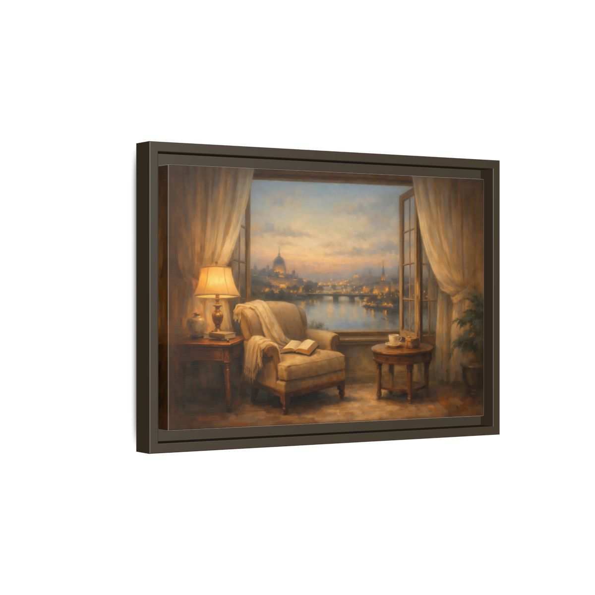 Side Mockup 5. Vintage City View Warm City Evening shown as stretched canvas wall art