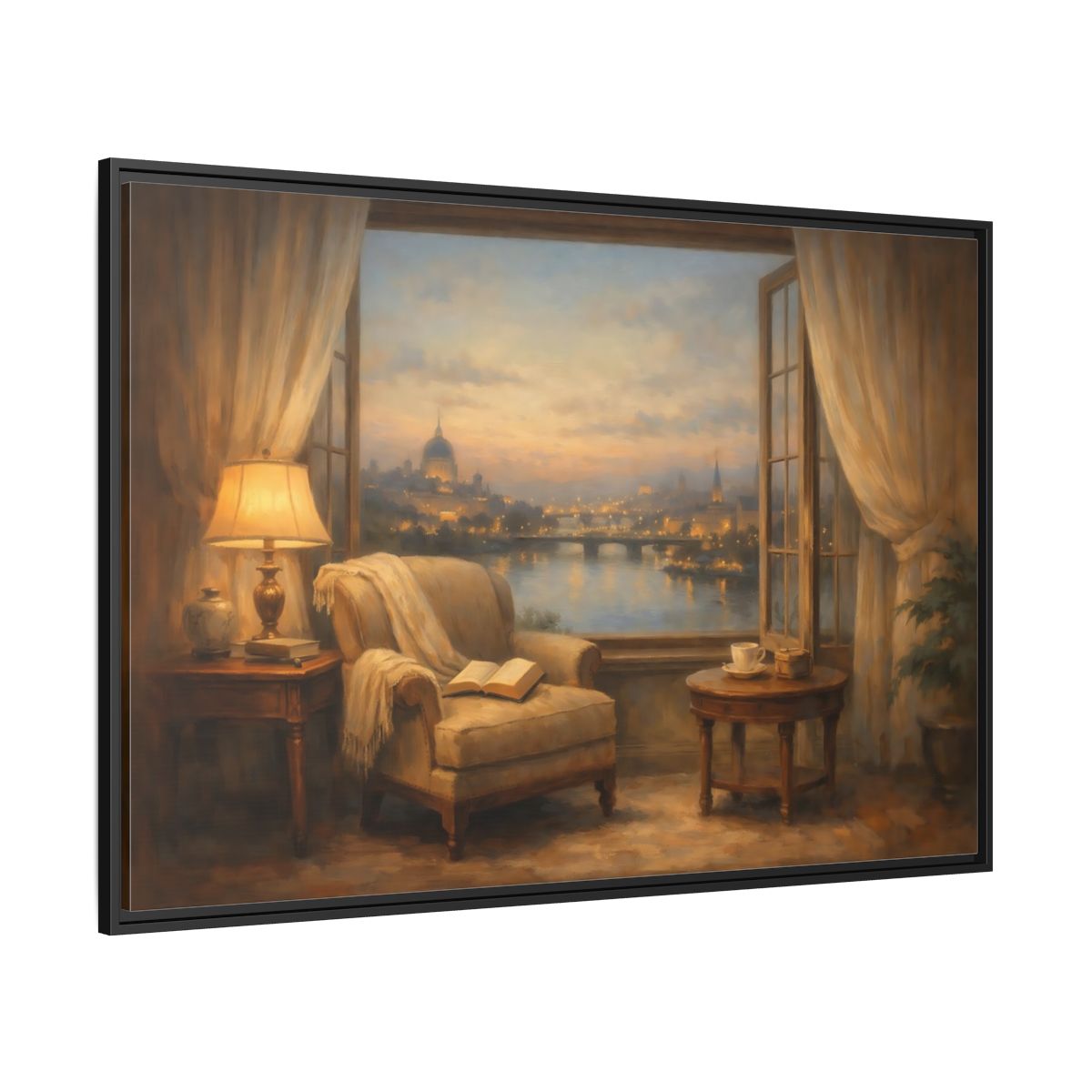 Side Mockup 12. Vintage City View Warm City Evening shown as stretched canvas wall art