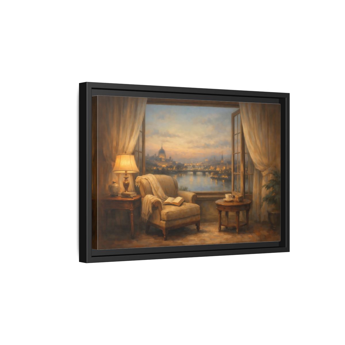 Side Mockup 6. Vintage City View Warm City Evening shown as stretched canvas wall art