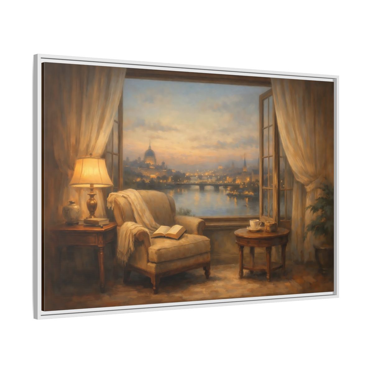 Side Mockup 7. Vintage City View Warm City Evening shown as stretched canvas wall art