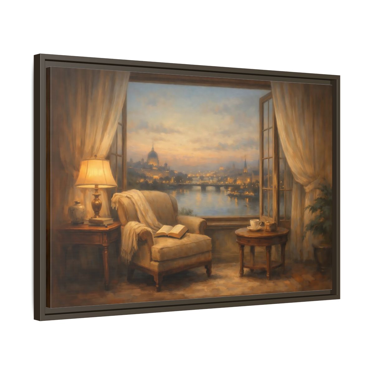 Side Mockup 11. Vintage City View Warm City Evening shown as stretched canvas wall art
