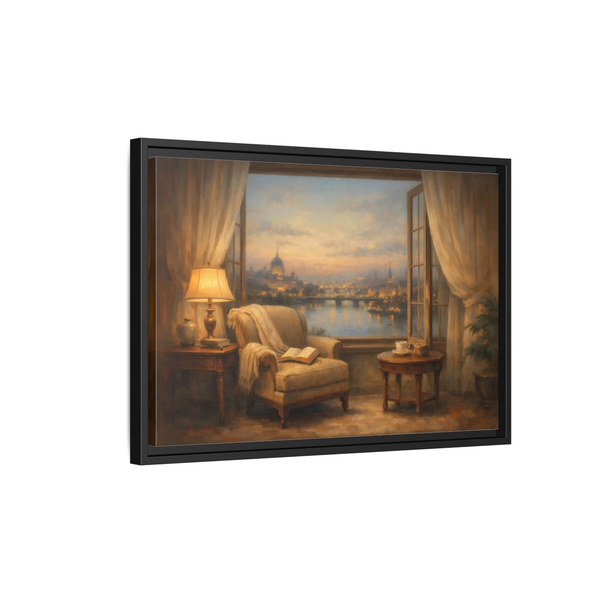 Side Mockup 3. Vintage City View Warm City Evening shown as stretched canvas wall art