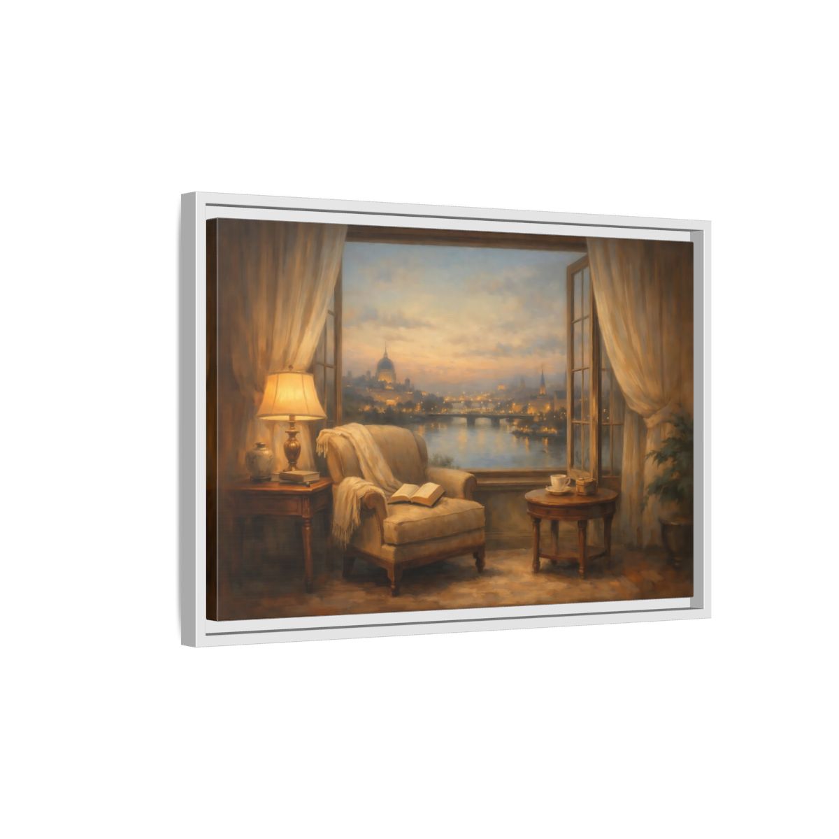 Side Mockup 1. Vintage City View Warm City Evening shown as stretched canvas wall art