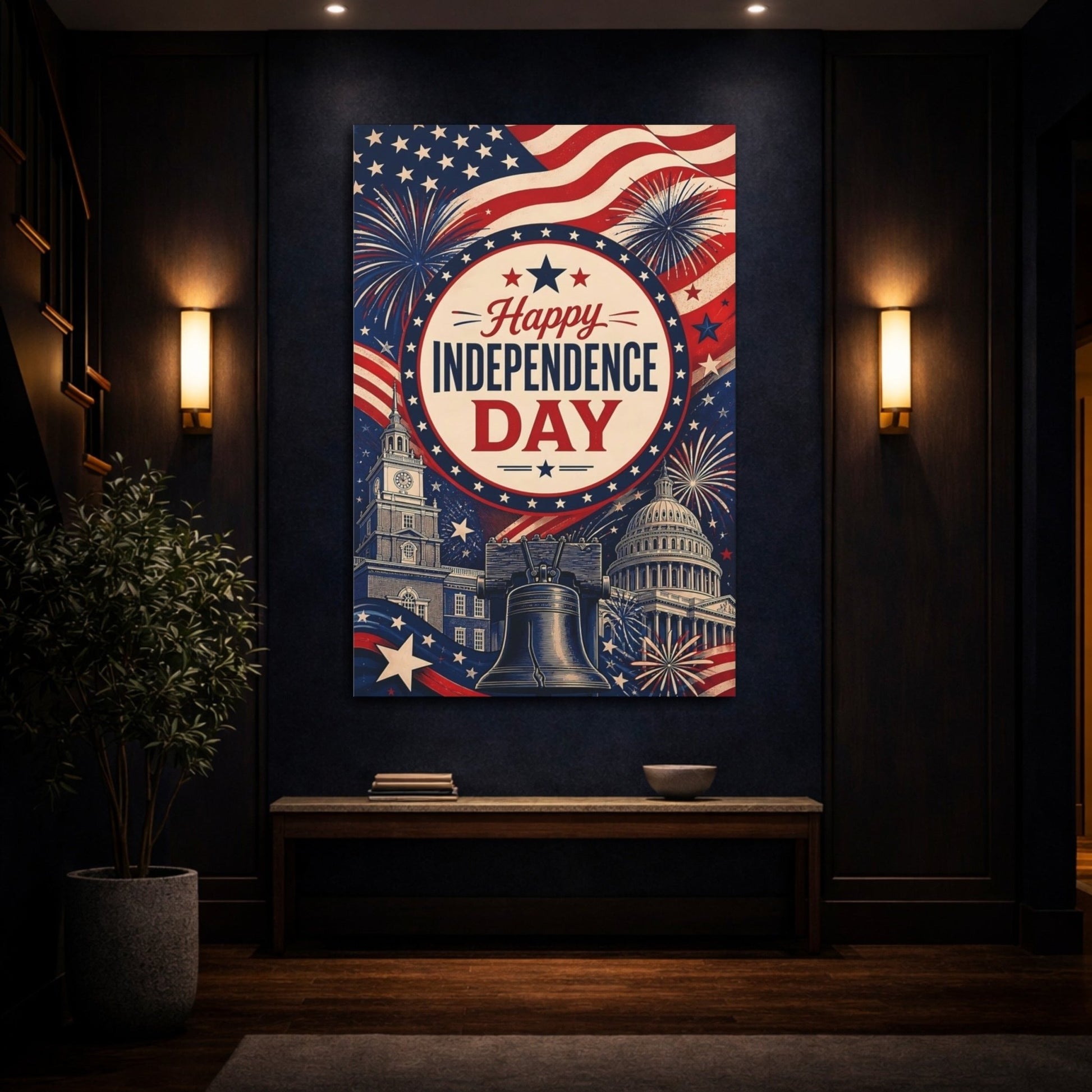 Vintage Independence Day Red White Blue Canvas Wall Art Print – Living Room, Above Couch - YesArtYes