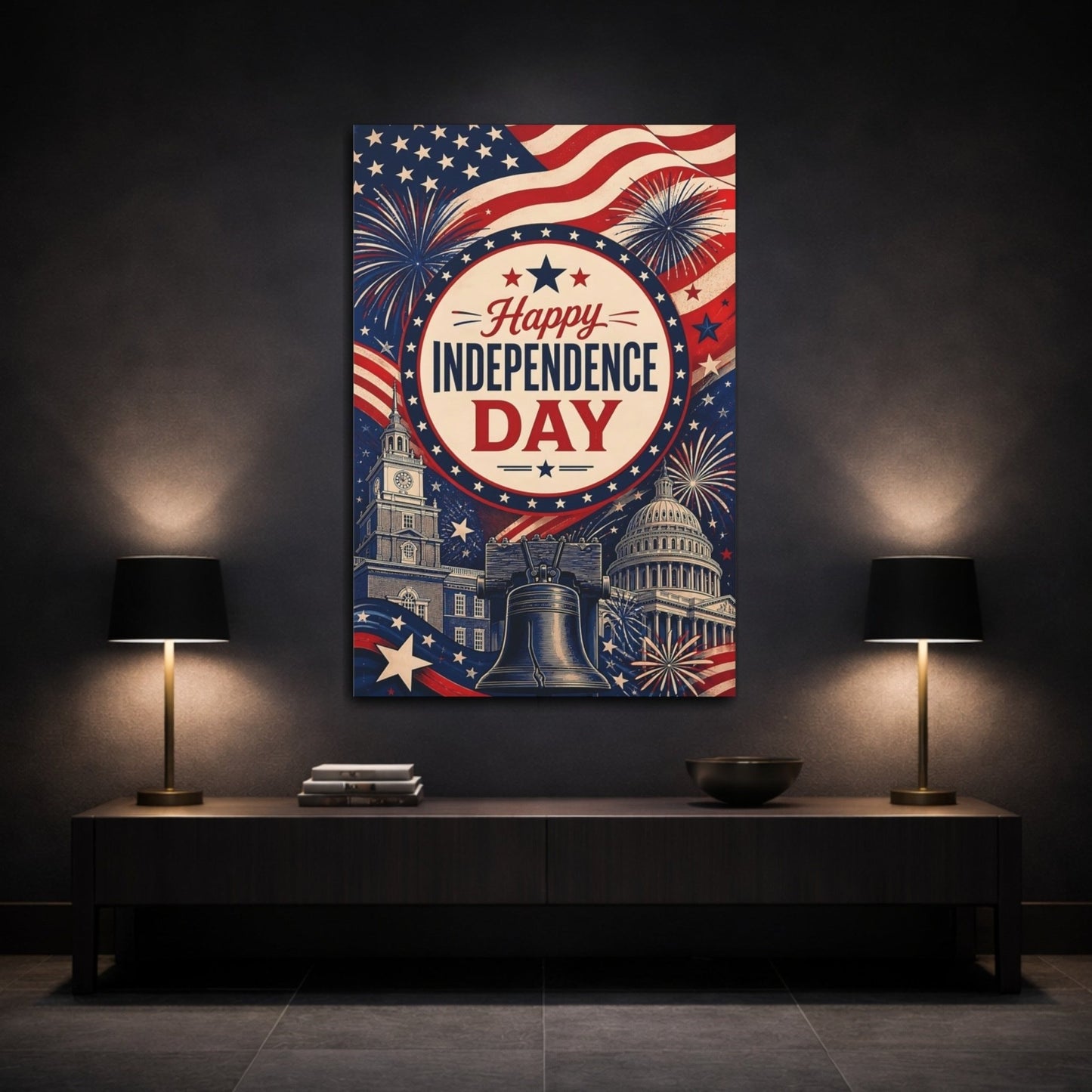 Vintage Independence Day Red White Blue Canvas Wall Art Print – Living Room, Above Couch - YesArtYes