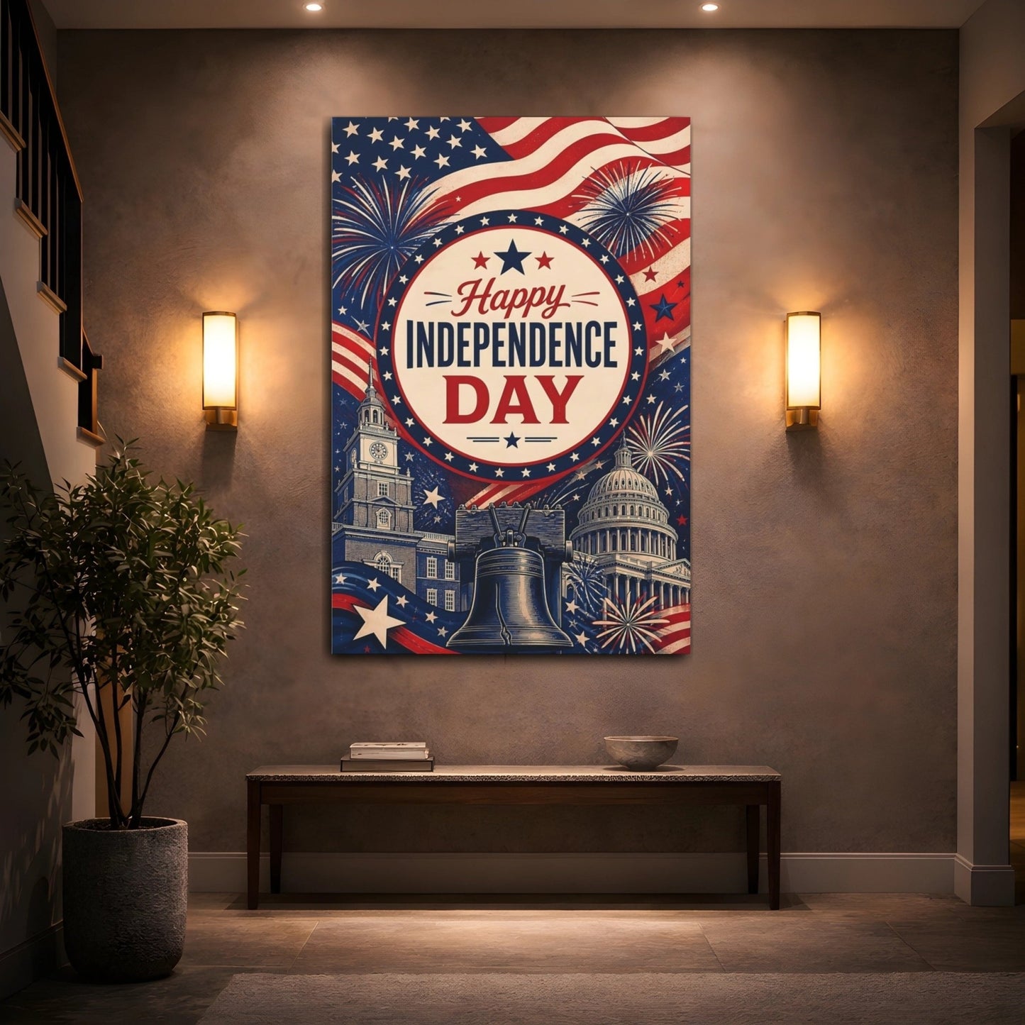 Vintage Independence Day Red White Blue Canvas Wall Art Print – Living Room, Above Couch - YesArtYes