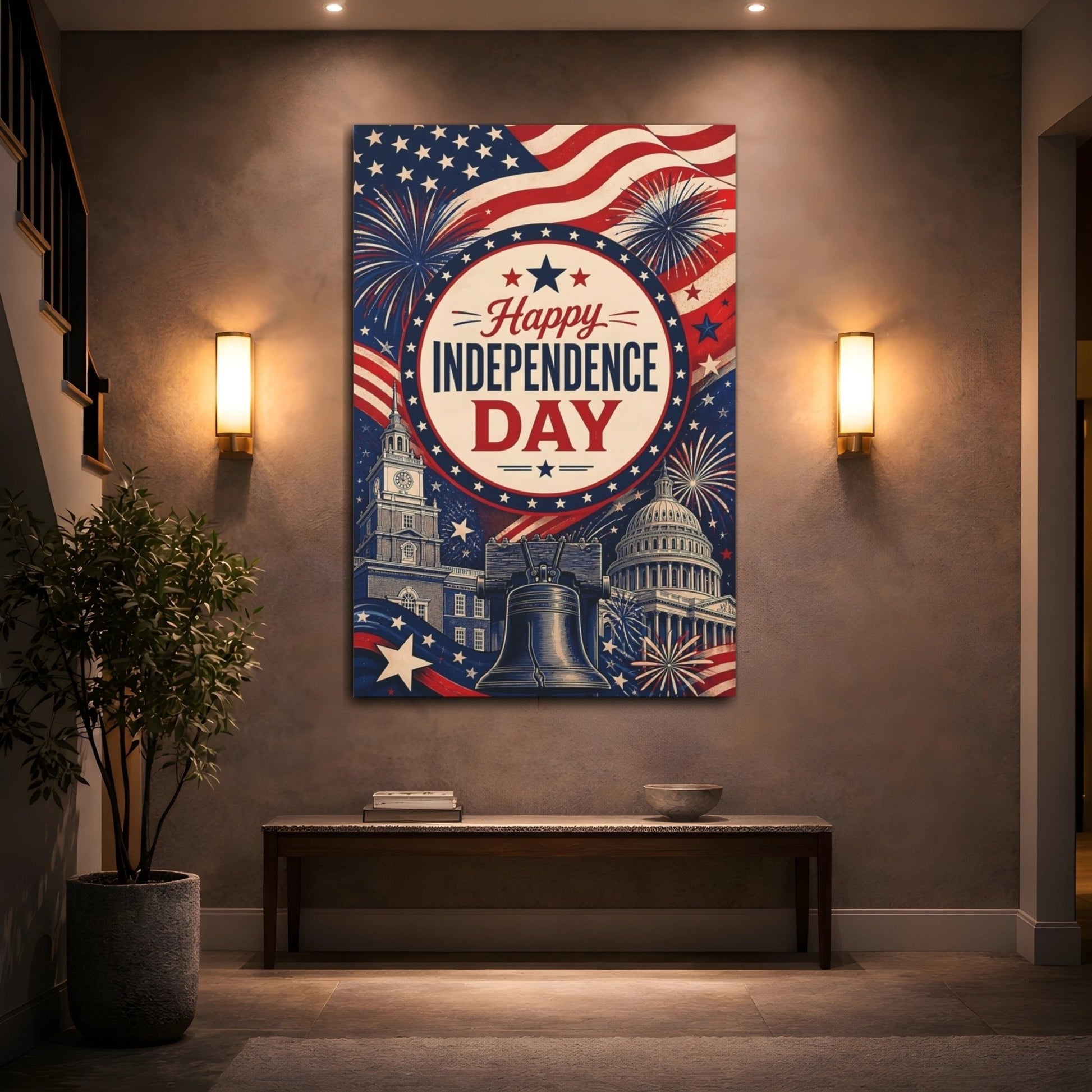 Vintage Independence Day Red White Blue Canvas Wall Art Print – Living Room, Above Couch - YesArtYes