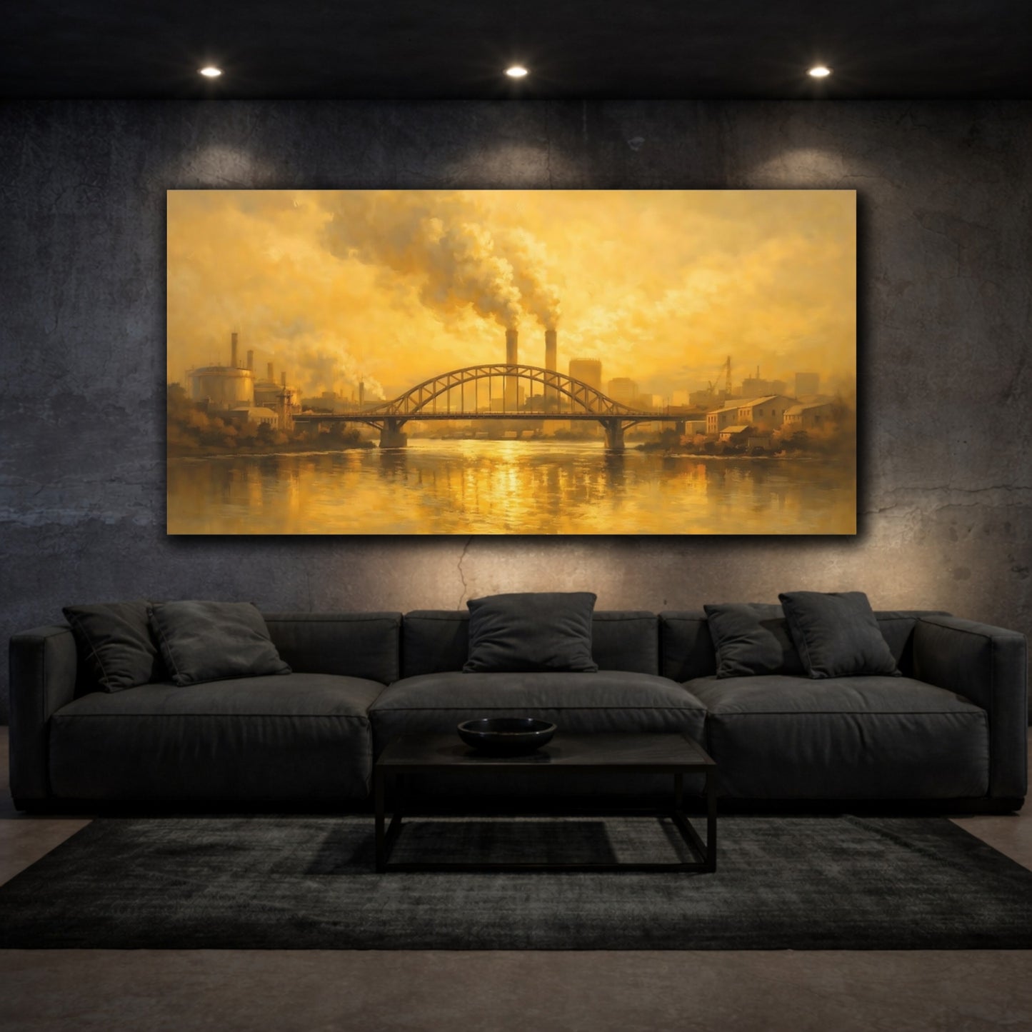 Mockup 2. Vintage Industrial Cityscape Golden Industrial shown as stretched canvas wall art