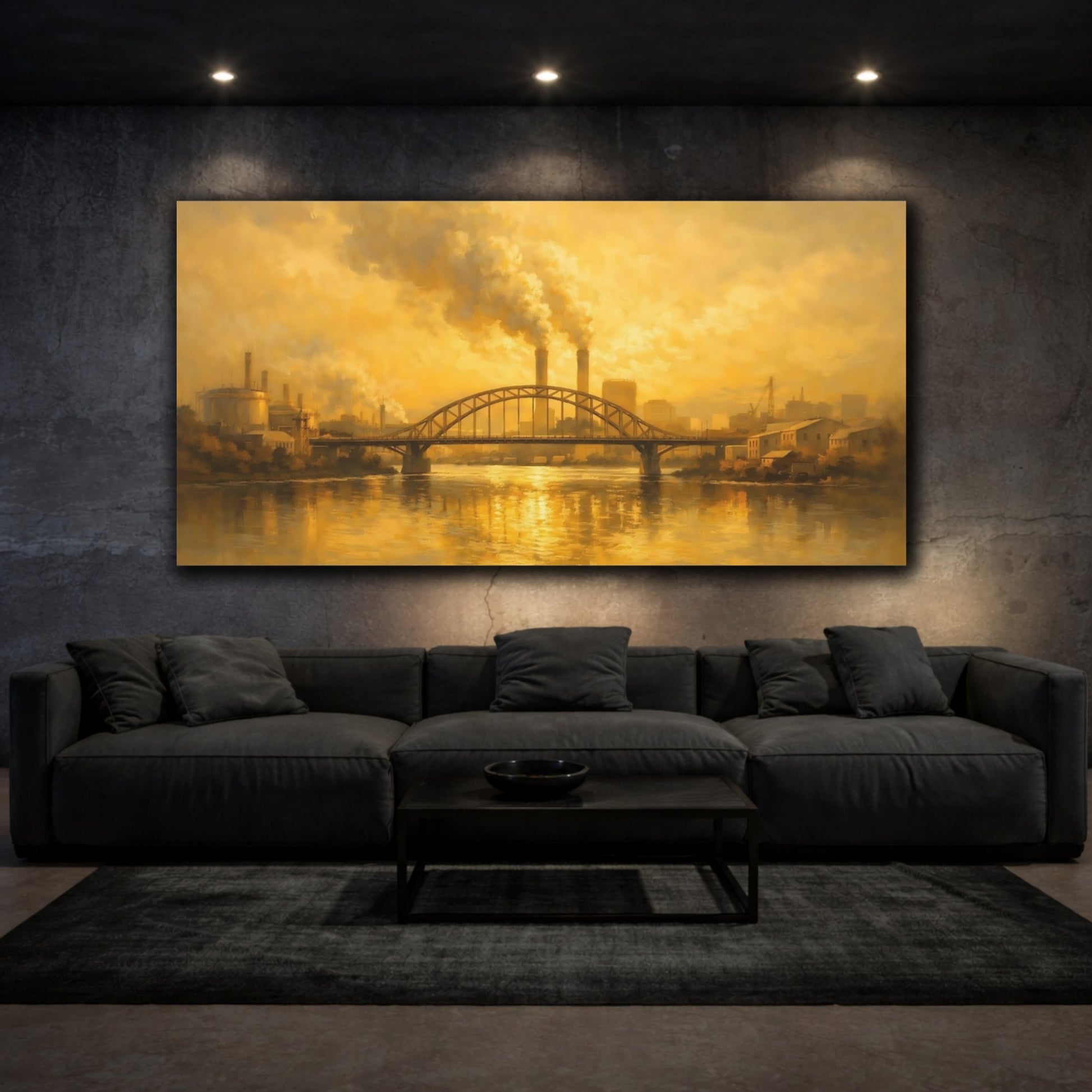 Mockup 2. Vintage Industrial Cityscape Golden Industrial shown as stretched canvas wall art