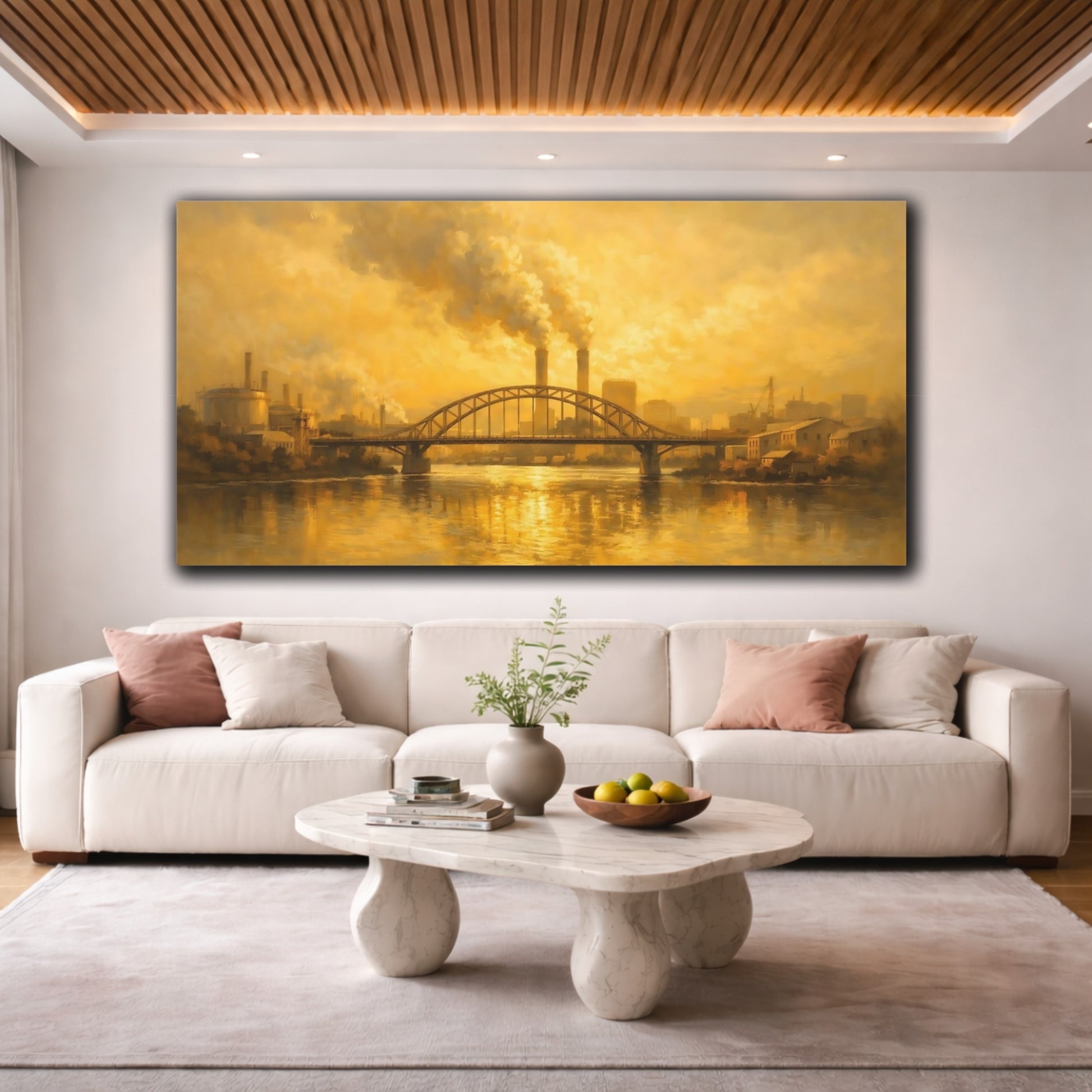 Mockup 3. Vintage Industrial Cityscape Golden Industrial shown as stretched canvas wall art