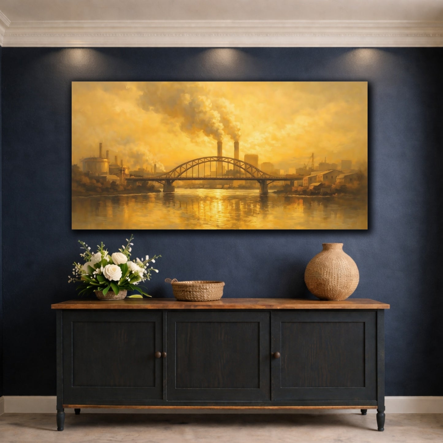 Mockup 4. Vintage Industrial Cityscape Golden Industrial shown as stretched canvas wall art
