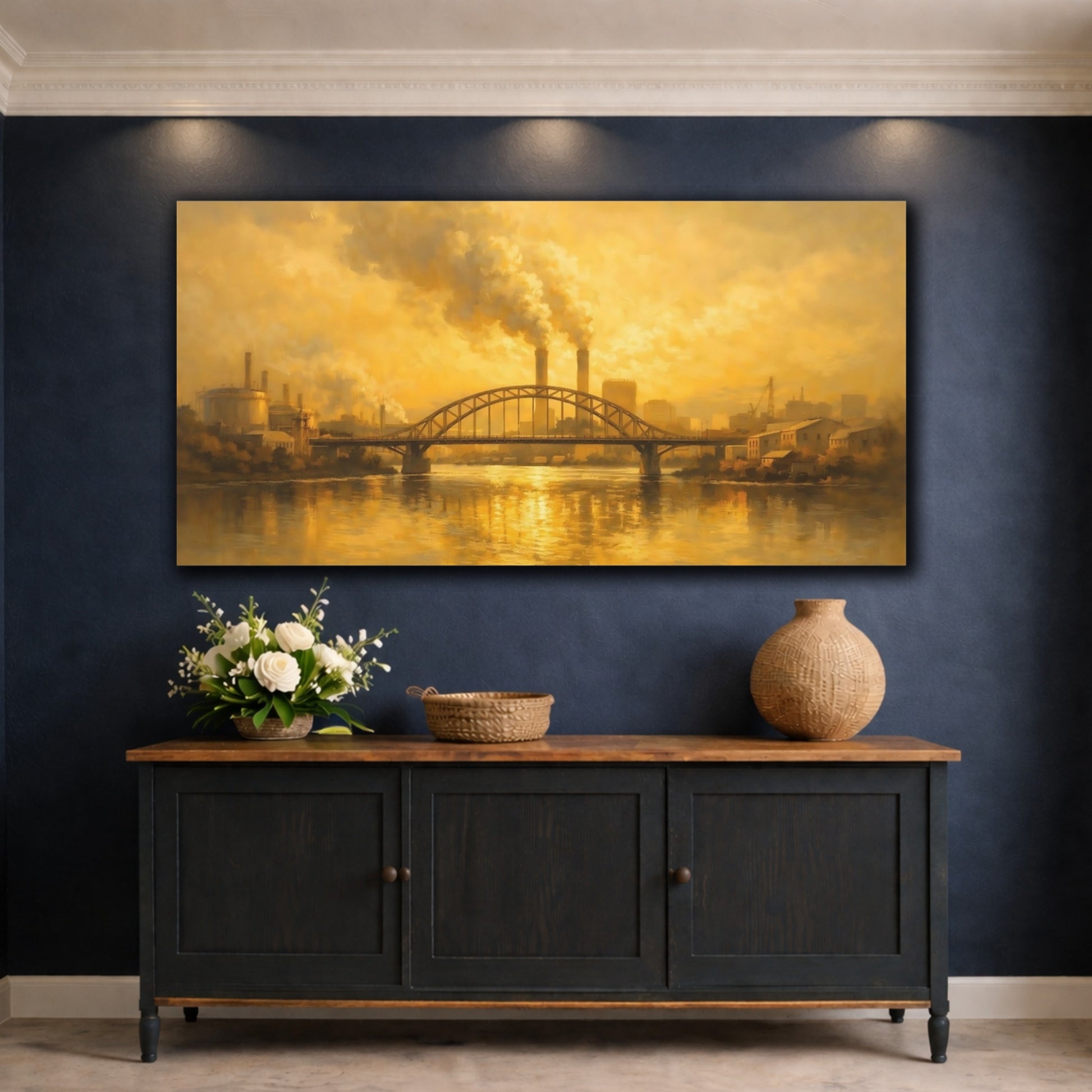 Mockup 4. Vintage Industrial Cityscape Golden Industrial shown as stretched canvas wall art
