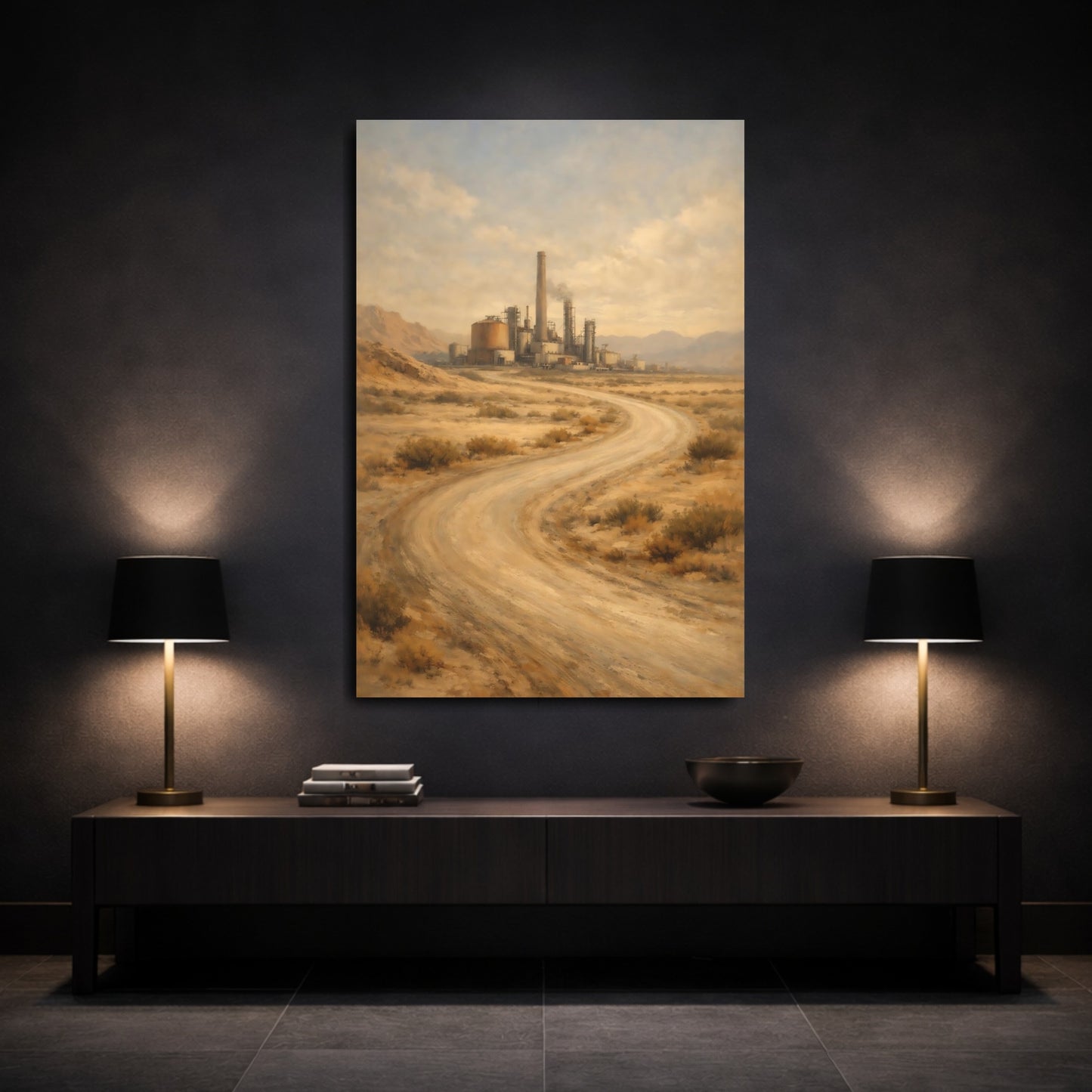 Mockup 2. Vintage Industrial Complex Desert Industrial Landscape shown as stretched canvas wall art